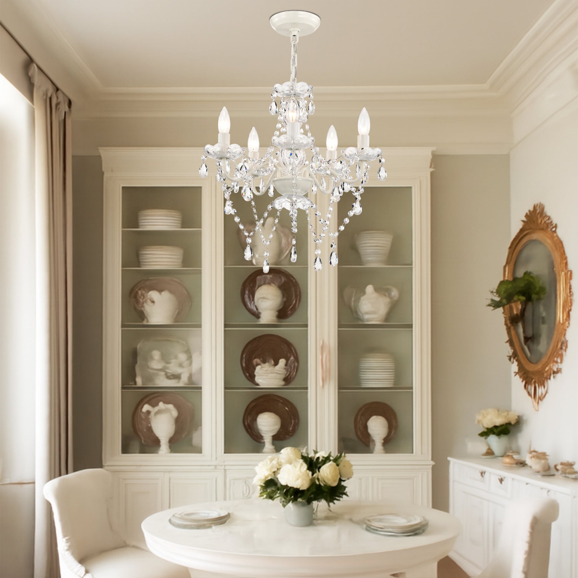 SmallCrystal Chandelier, 5-Light  White Glass Ceiling Light Fixture, E12 Base