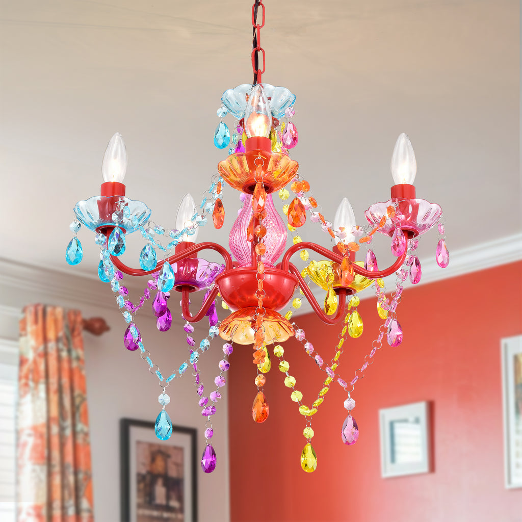 Colorful Crystal Chandelier, 5-Light Multicolor Acrylic Ceiling Light Fixture for Girls Room