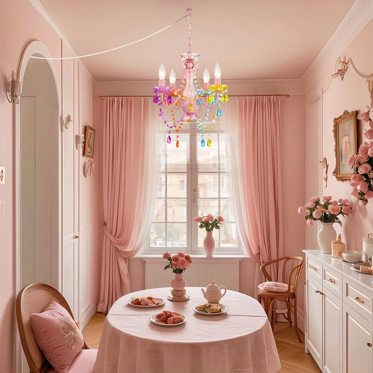 Small Plug in Chandeliers, 4-Light Multicolor Acrylic Crystal Hanging Light with 20ft Cord, Mini Chandeliers for Dining Room, Girls' Bedroom