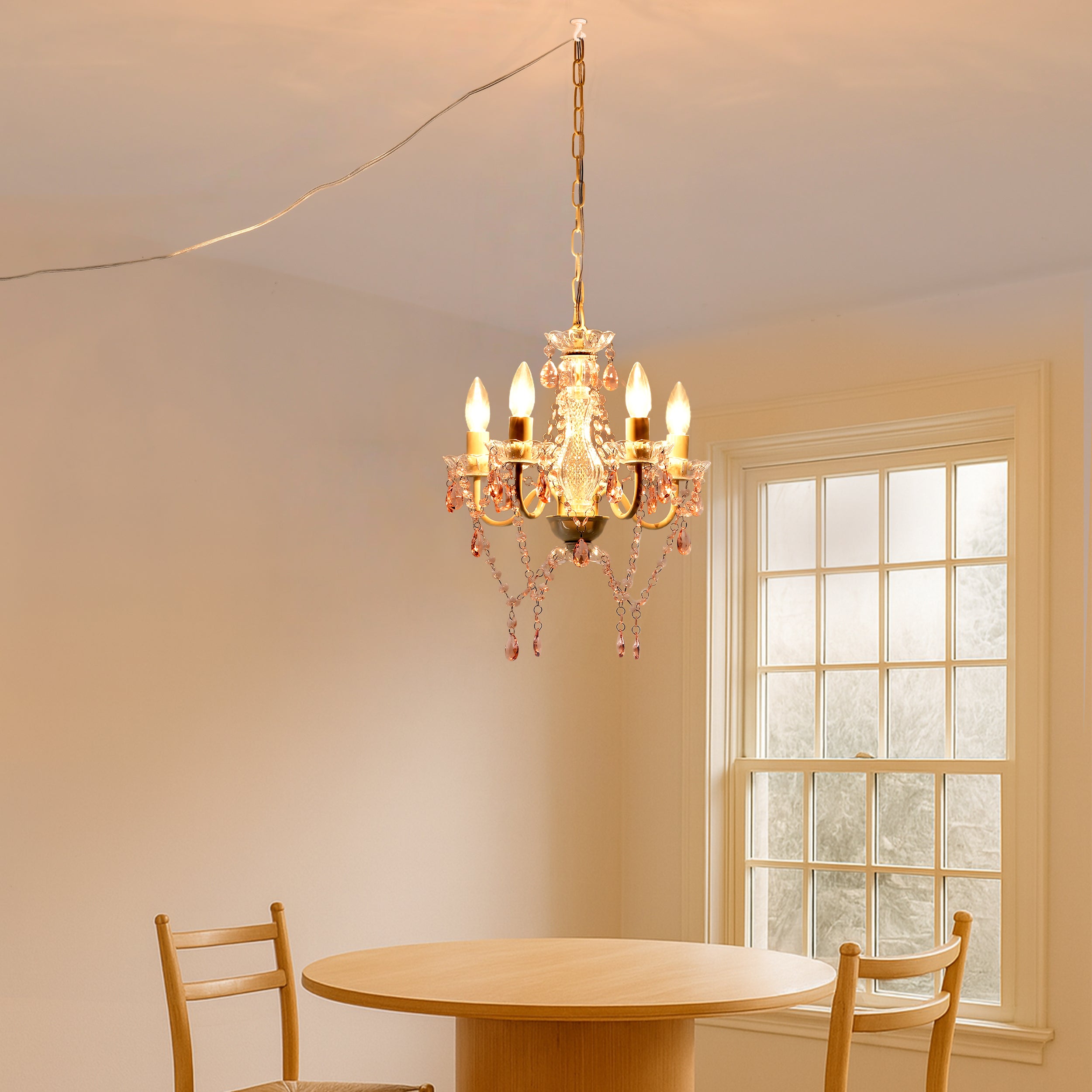 White and Pink Plug-in Crystal Chandelier – Elegant 5-Light Acrylic Ceiling Light Fixture with Long Cord for Bedroom, Nursery or Small Spaces