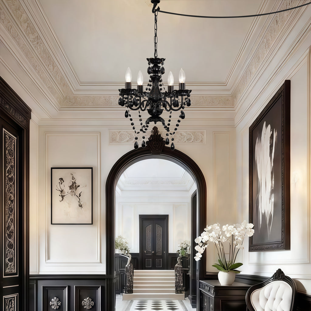 Plug in Chandelier 4-Light,Black Small Acrylic Crystal Hanging Light Fixture with 20ft cord for Bedroom Dining Room