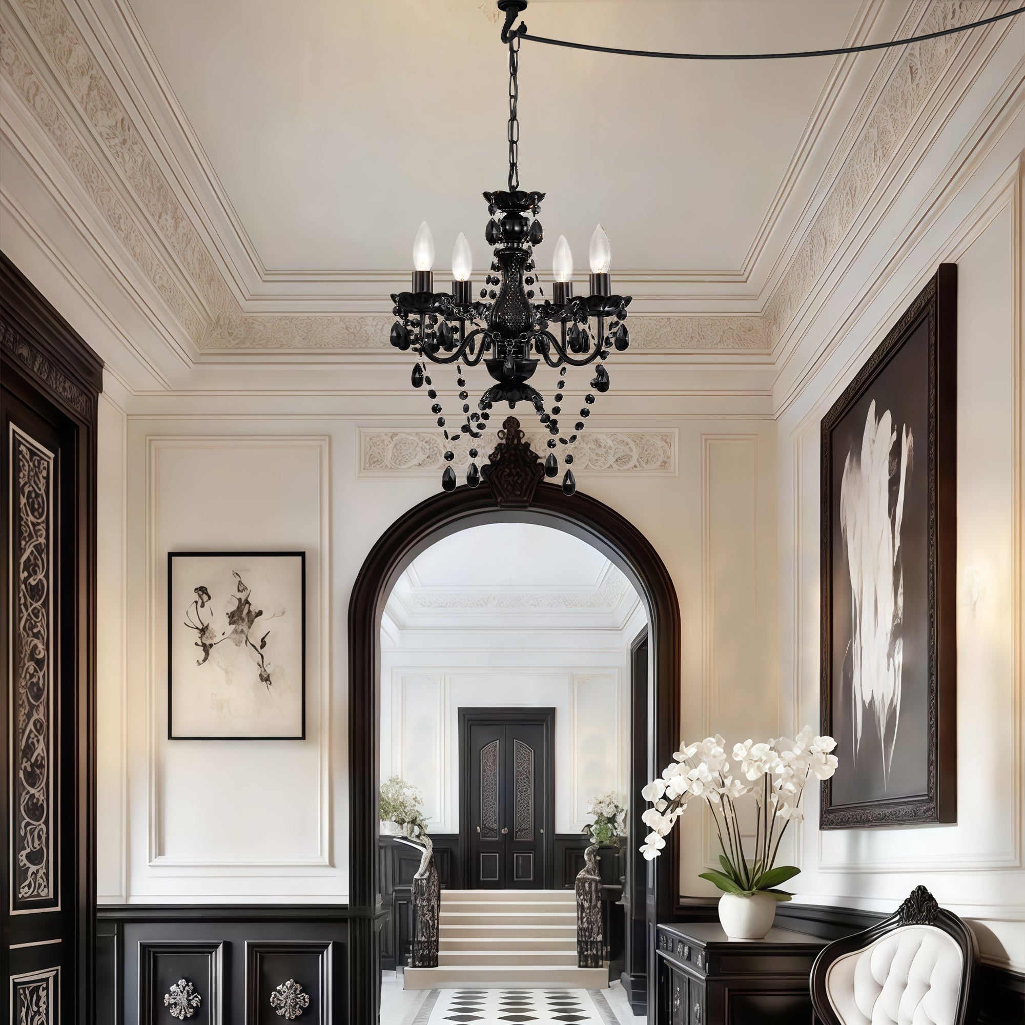 Plug in Chandelier 4-Light,Black Small Acrylic Crystal Hanging Light Fixture with 20ft cord for Bedroom Dining Room