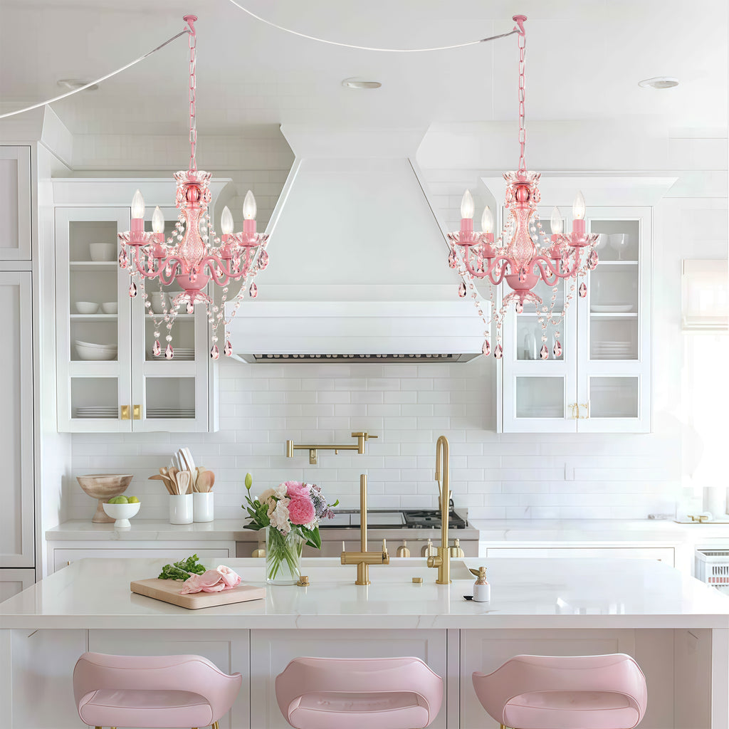Plug in Chandelier 4-Light, Small Pink Acrylic Crystal Hanging Light with 20 ft Cord for Bedroom , Nursery
