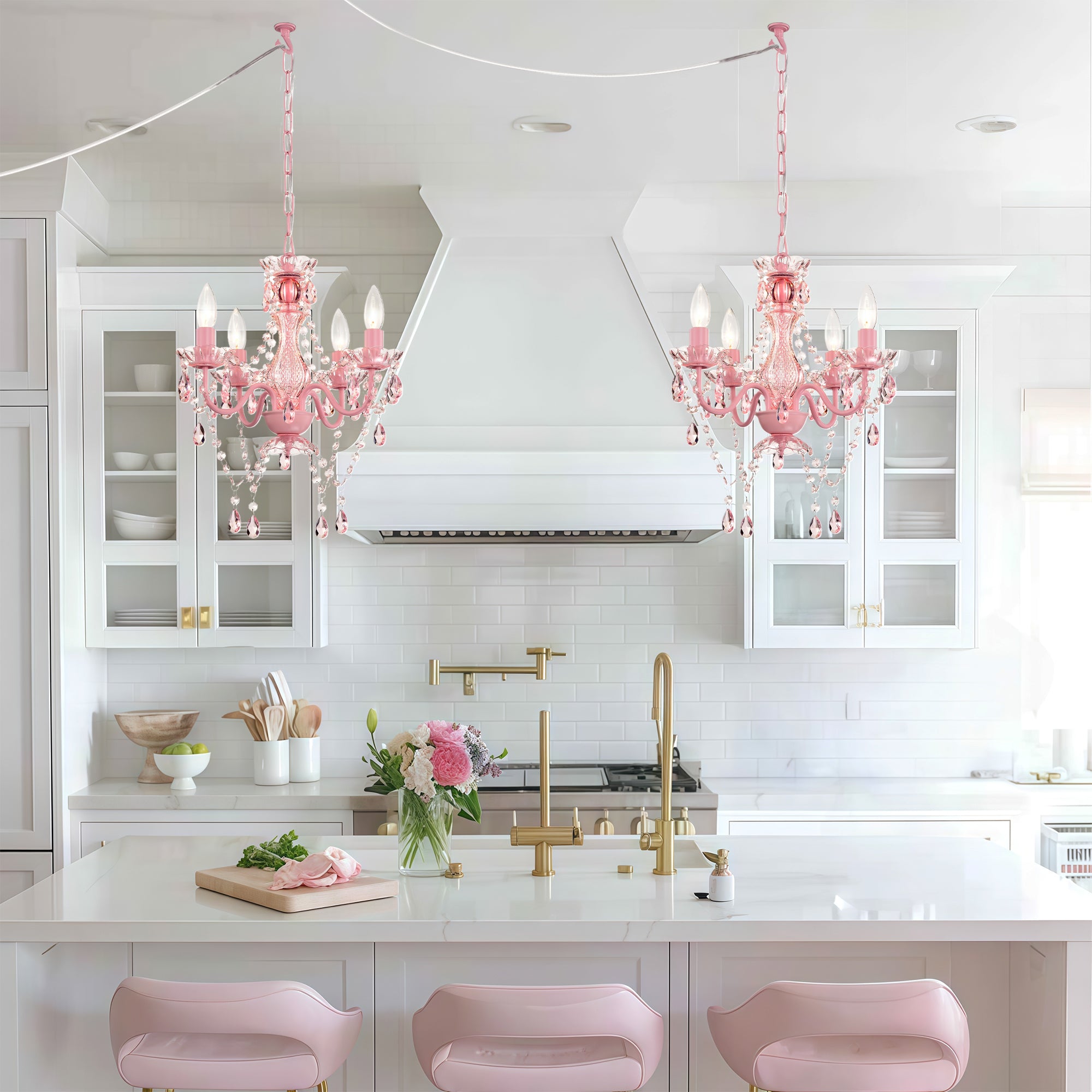 Plug in Chandelier 4-Light, Small Pink Acrylic Crystal Hanging Light with 20 ft Cord for Bedroom , Nursery