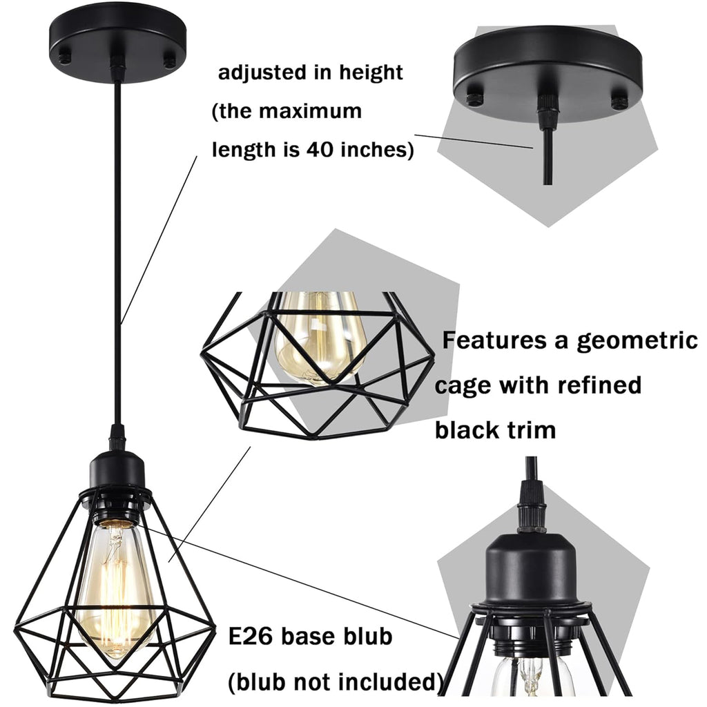 Modern Industrial Pendant Light 2 Pack Black Metal Geometric Cage E26 Hardwired Hanging Ceiling Light for Kitchen Island