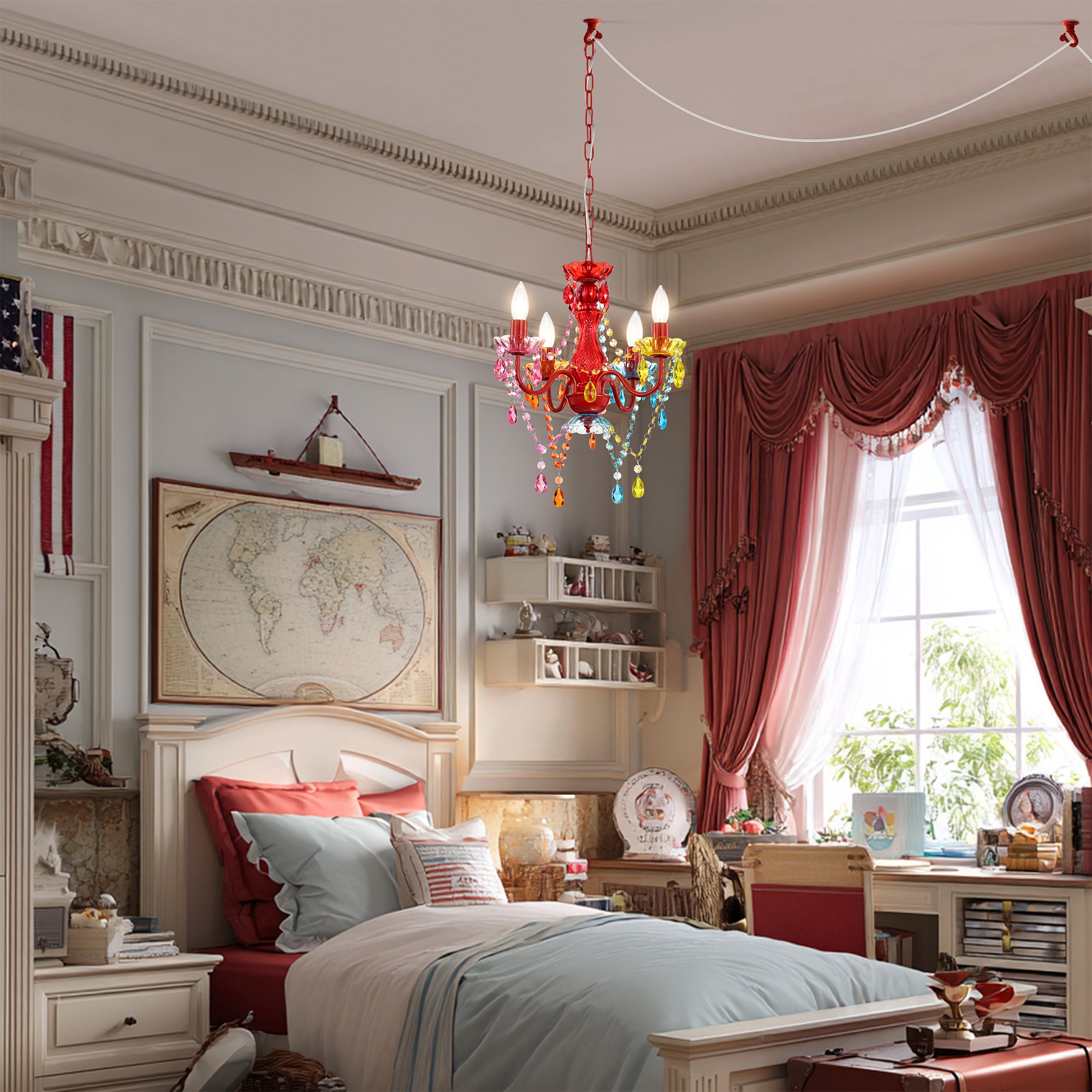 Small Plug-In Chandelier 4-Light, Colorful Acrylic Crystal Hanging Light for Kids Room, Nursery, Bedroom,E12 Base