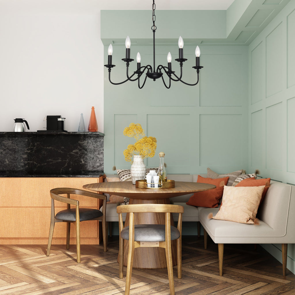 6-Light Matte Black Farmhouse Chandelier, E12 Candle Style Hanging Light