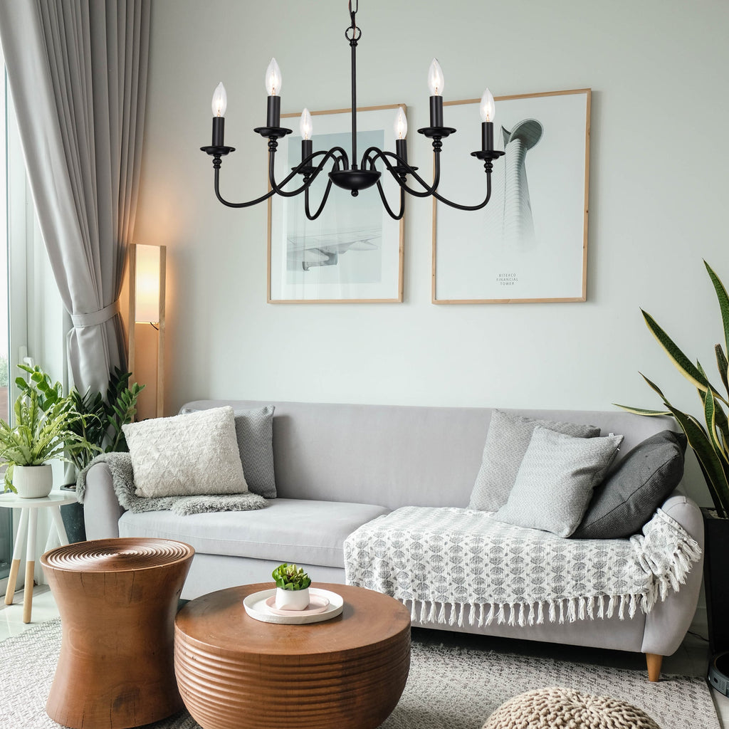 6-Light Matte Black Farmhouse Chandelier, E12 Candle Style Hanging Light