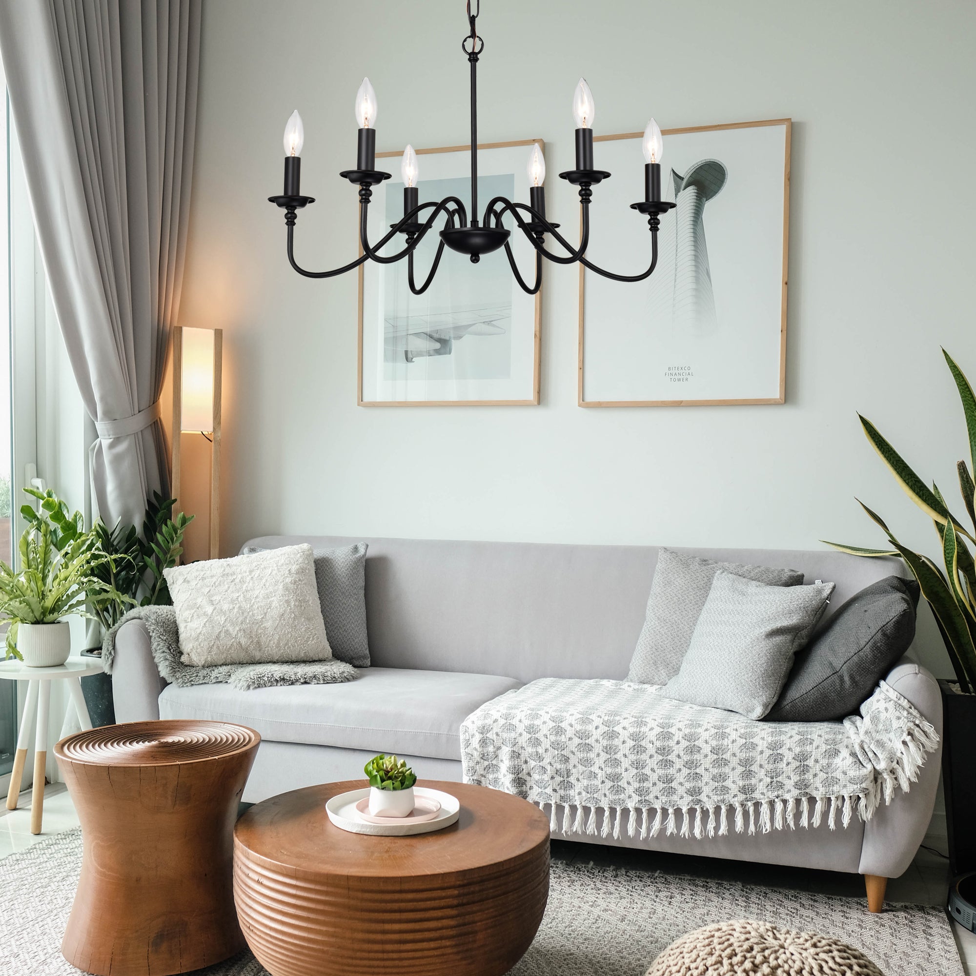 6-Light Matte Black Farmhouse Chandelier, E12 Candle Style Hanging Light