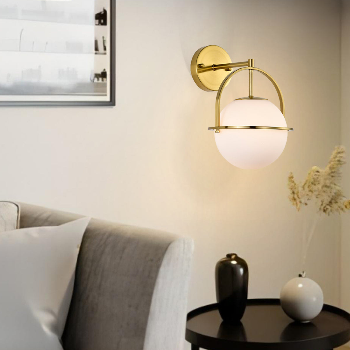Modern Gold Globe Wall Sconces 2-Pack E26 Indoor Wall Light for Bathroom Vanity Bedroom Hallway with Frosted Glass Shade