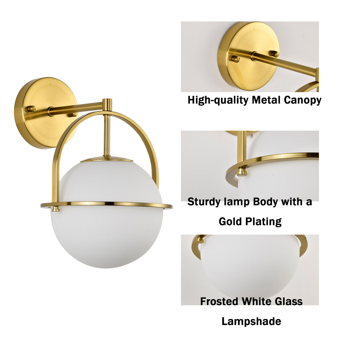 Modern Gold Globe Wall Sconces 2-Pack E26 Indoor Wall Light for Bathroom Vanity Bedroom Hallway with Frosted Glass Shade