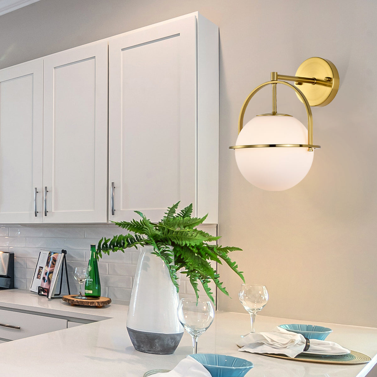 Modern Gold Globe Wall Sconces 2-Pack E26 Indoor Wall Light for Bathroom Vanity Bedroom Hallway with Frosted Glass Shade