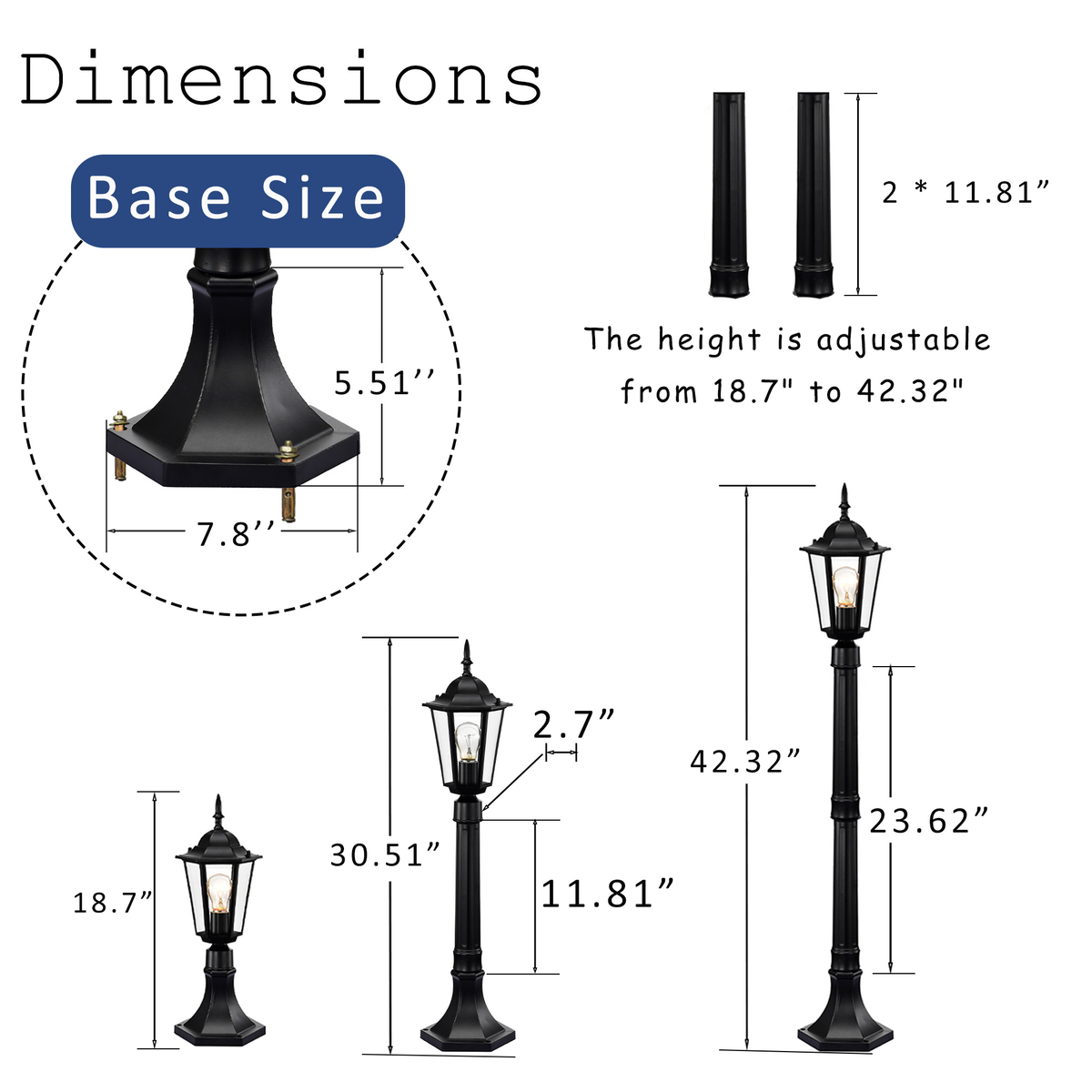 Black Outdoor Post Light for Garden Lawn Pathway 42 inches High