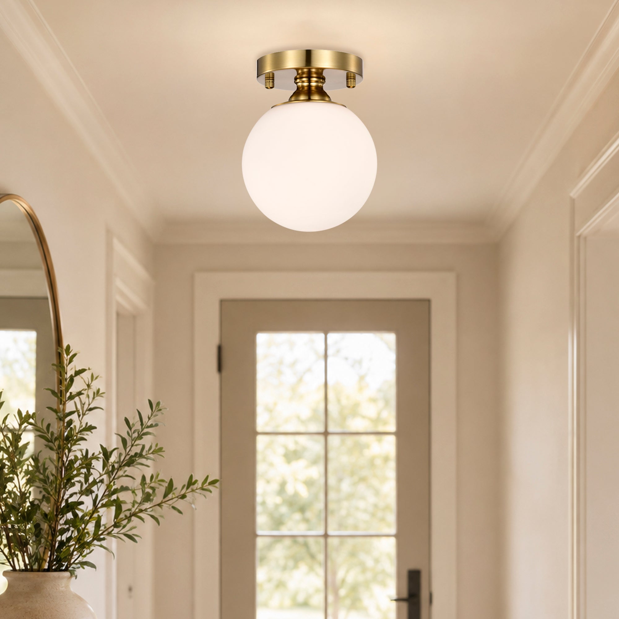 Opal Glass Globe Flush Mount Ceiling Light, Modern Brass Fixture for Bedroom, Kitchen & Entryway