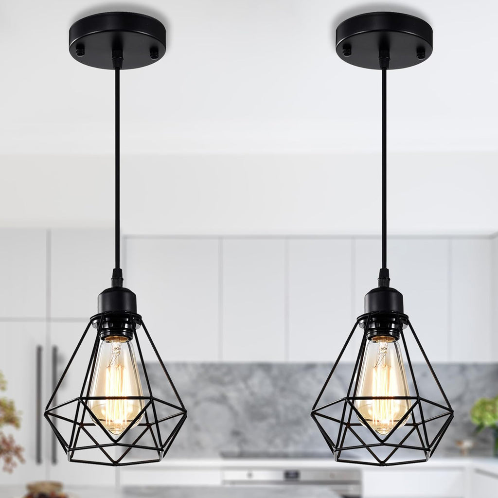 Modern Industrial Pendant Light 2 Pack Black Metal Geometric Cage E26 Hardwired Hanging Ceiling Light for Kitchen Island