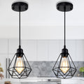 Modern Industrial Pendant Light 2 Pack Black Metal Geometric Cage E26 Hardwired Hanging Ceiling Light for Kitchen Island