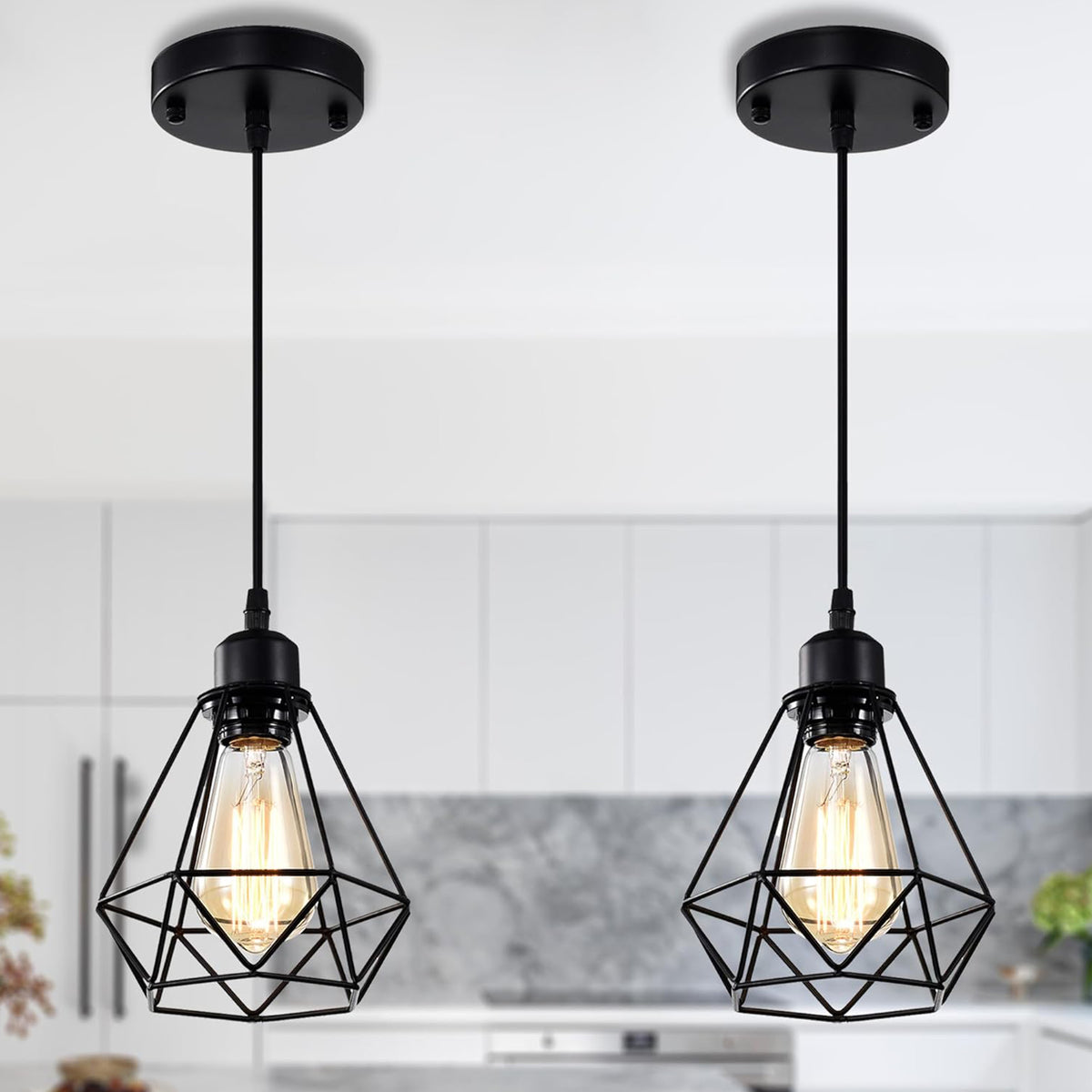 Modern Industrial Pendant Light 2 Pack Black Metal Geometric Cage E26 Hardwired Hanging Ceiling Light for Kitchen Island