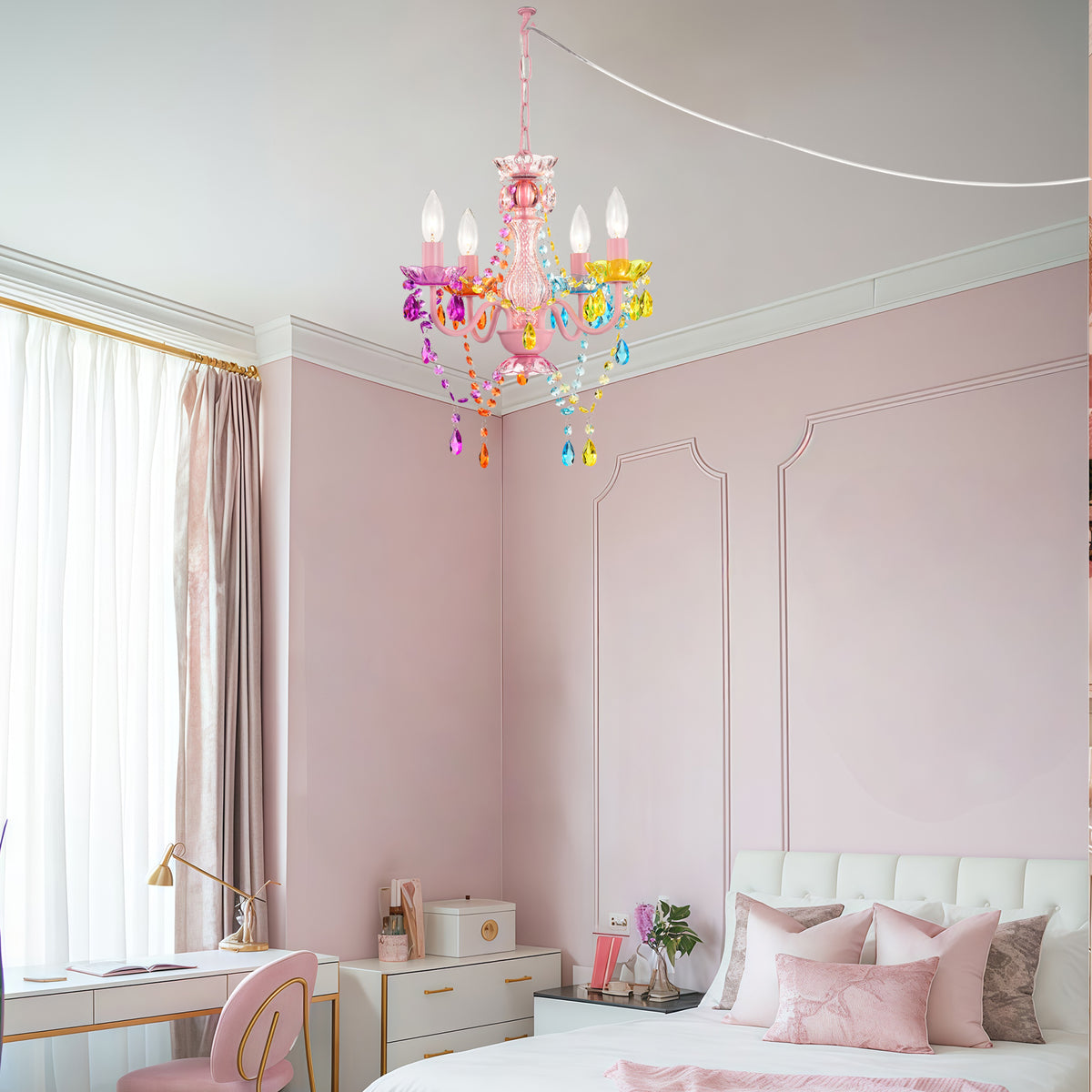 Small Plug in Chandeliers, 4-Light Multicolor Acrylic Crystal Hanging Light with 20ft Cord, Mini Chandeliers for Dining Room, Girls' Bedroom