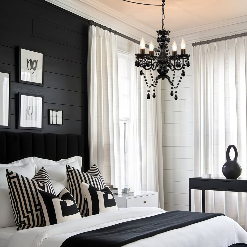 Plug in Chandelier 4-Light,Black Small Acrylic Crystal Hanging Light Fixture with 20ft cord for Bedroom Dining Room