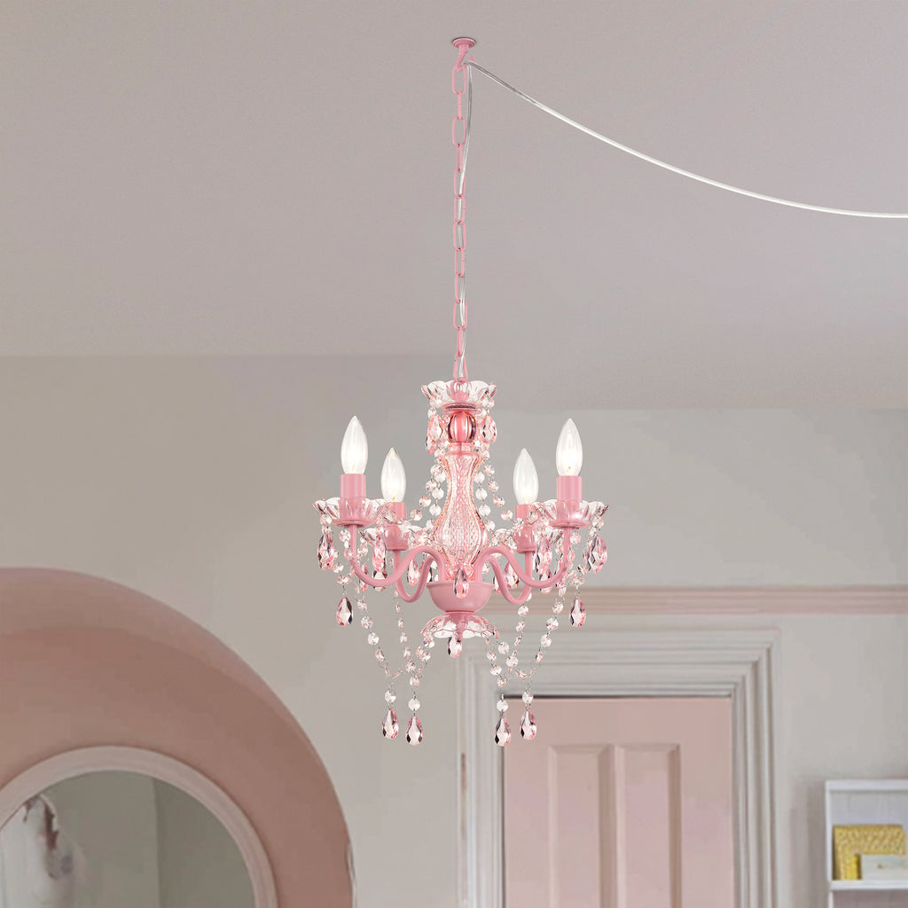 Plug in Chandelier 4-Light, Small Pink Acrylic Crystal Hanging Light with 20 ft Cord for Bedroom , Nursery