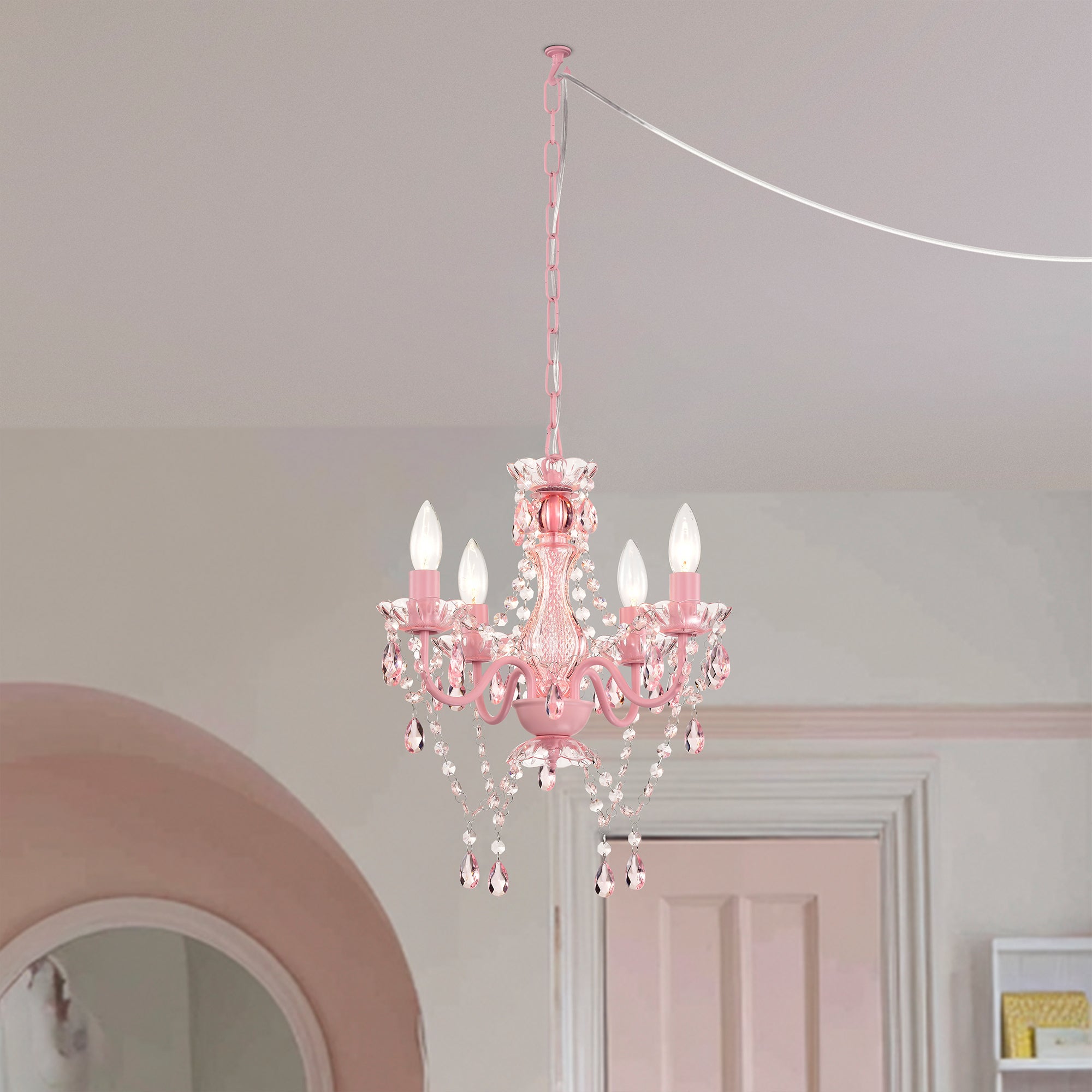 Plug in Chandelier 4-Light, Small Pink Acrylic Crystal Hanging Light with 20 ft Cord for Bedroom , Nursery