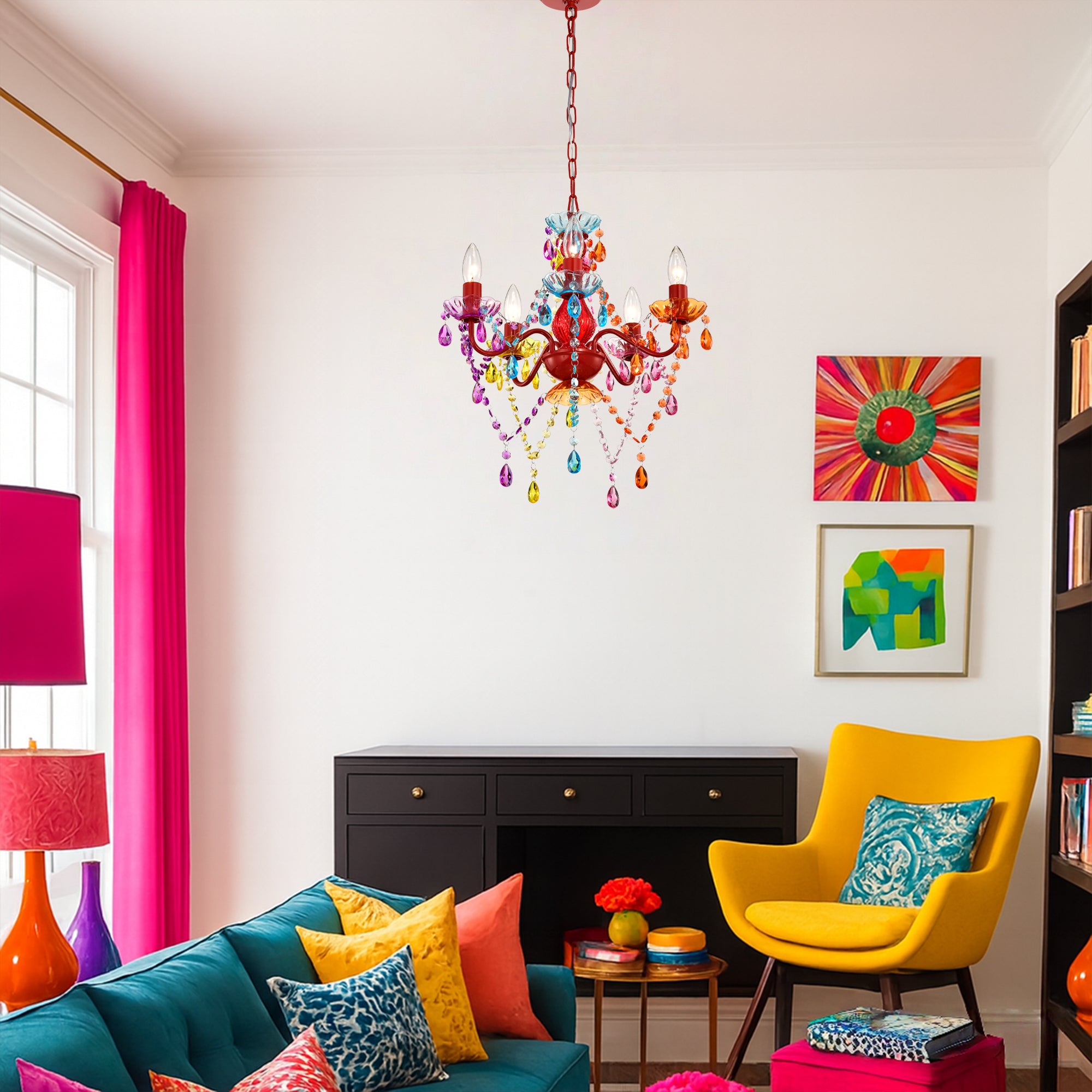5-Light Multicolor Crystal Chandelier, Colorful Acrylic Kids Chandelier