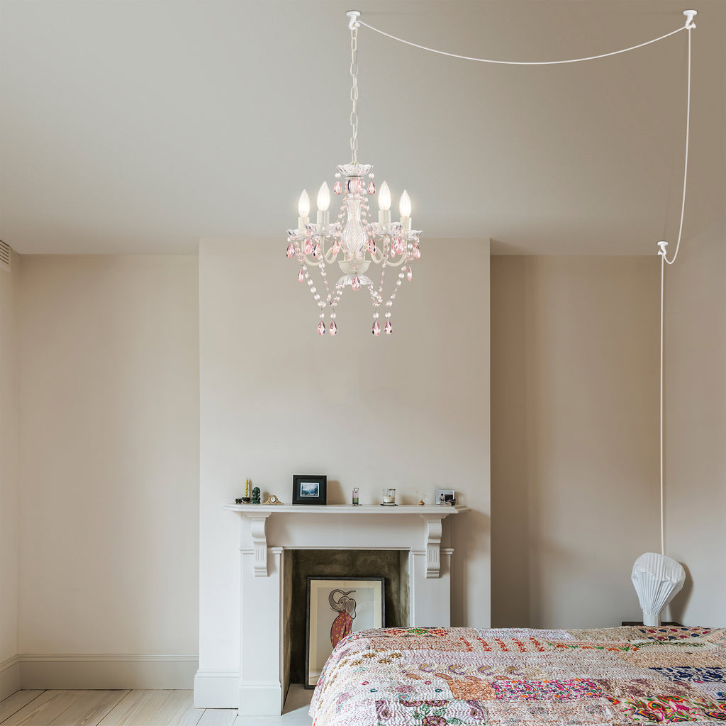 White and Pink Plug-in Crystal Chandelier – Elegant 5-Light Acrylic Ceiling Light Fixture with Long Cord for Bedroom, Nursery or Small Spaces