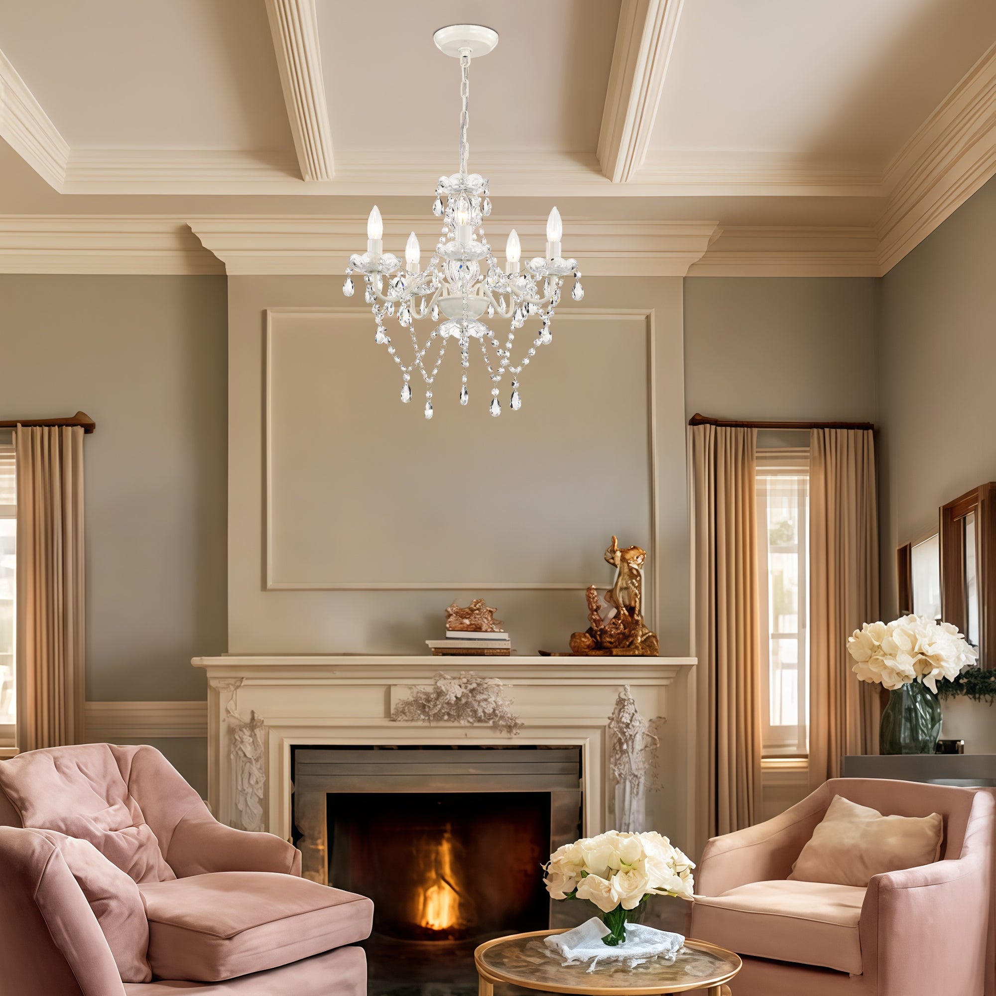 SmallCrystal Chandelier, 5-Light  White Glass Ceiling Light Fixture, E12 Base