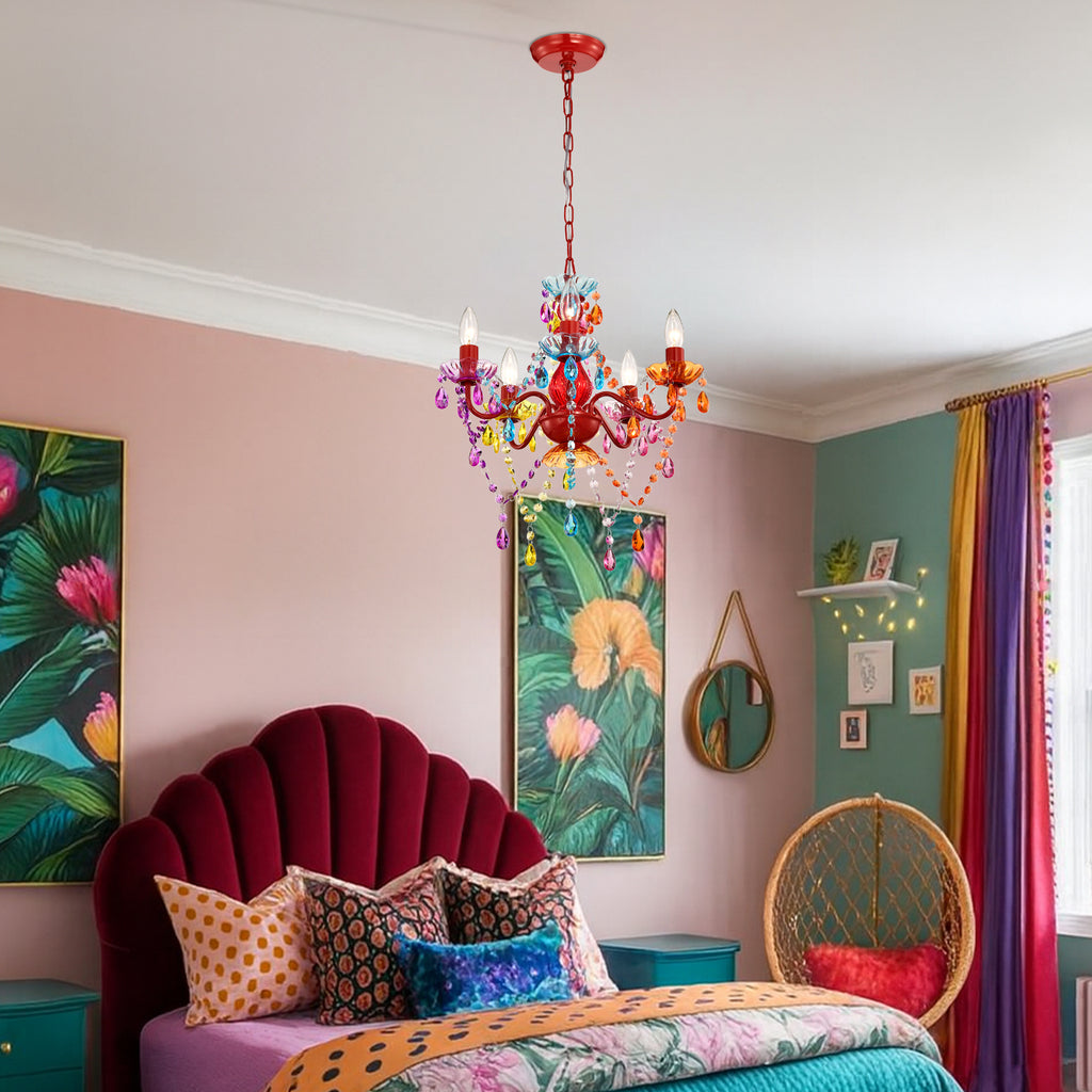5-Light Multicolor Crystal Chandelier, Colorful Acrylic Kids Chandelier