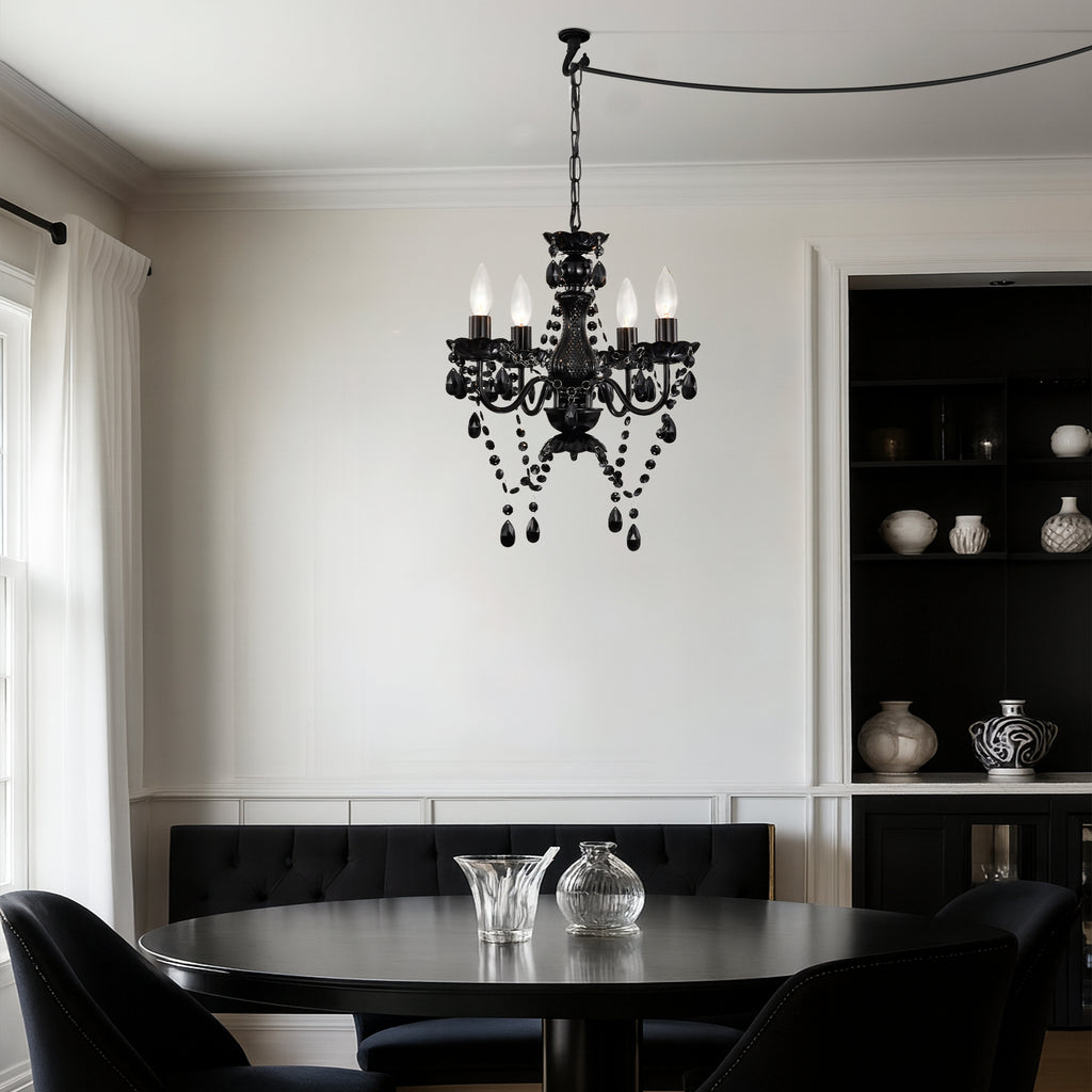 Plug in Chandelier 4-Light,Black Small Acrylic Crystal Hanging Light Fixture with 20ft cord for Bedroom Dining Room