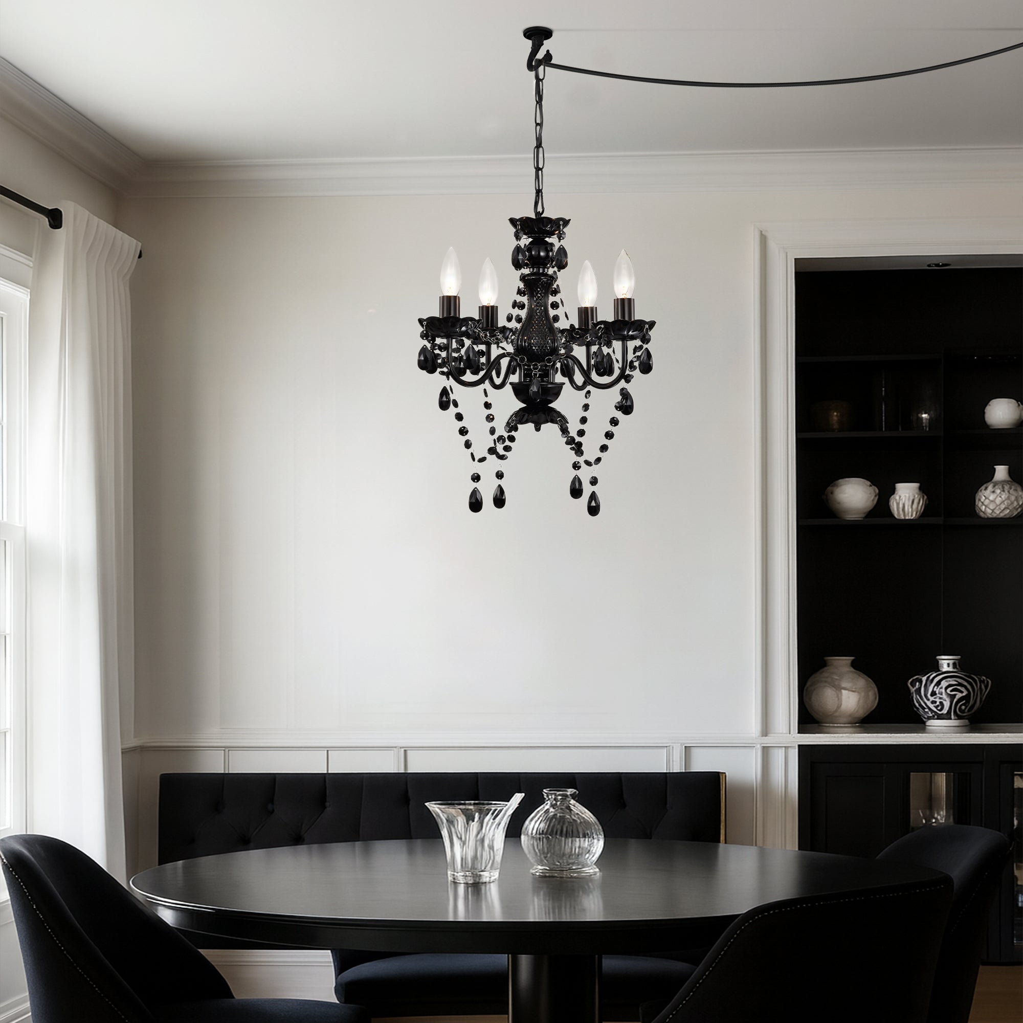 Plug in Chandelier 4-Light,Black Small Acrylic Crystal Hanging Light Fixture with 20ft cord for Bedroom Dining Room