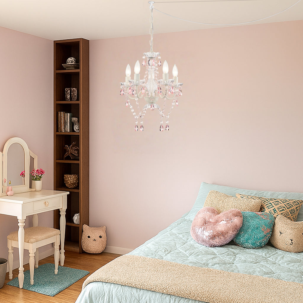 White and Pink Plug-in Crystal Chandelier – Elegant 5-Light Acrylic Ceiling Light Fixture with Long Cord for Bedroom, Nursery or Small Spaces