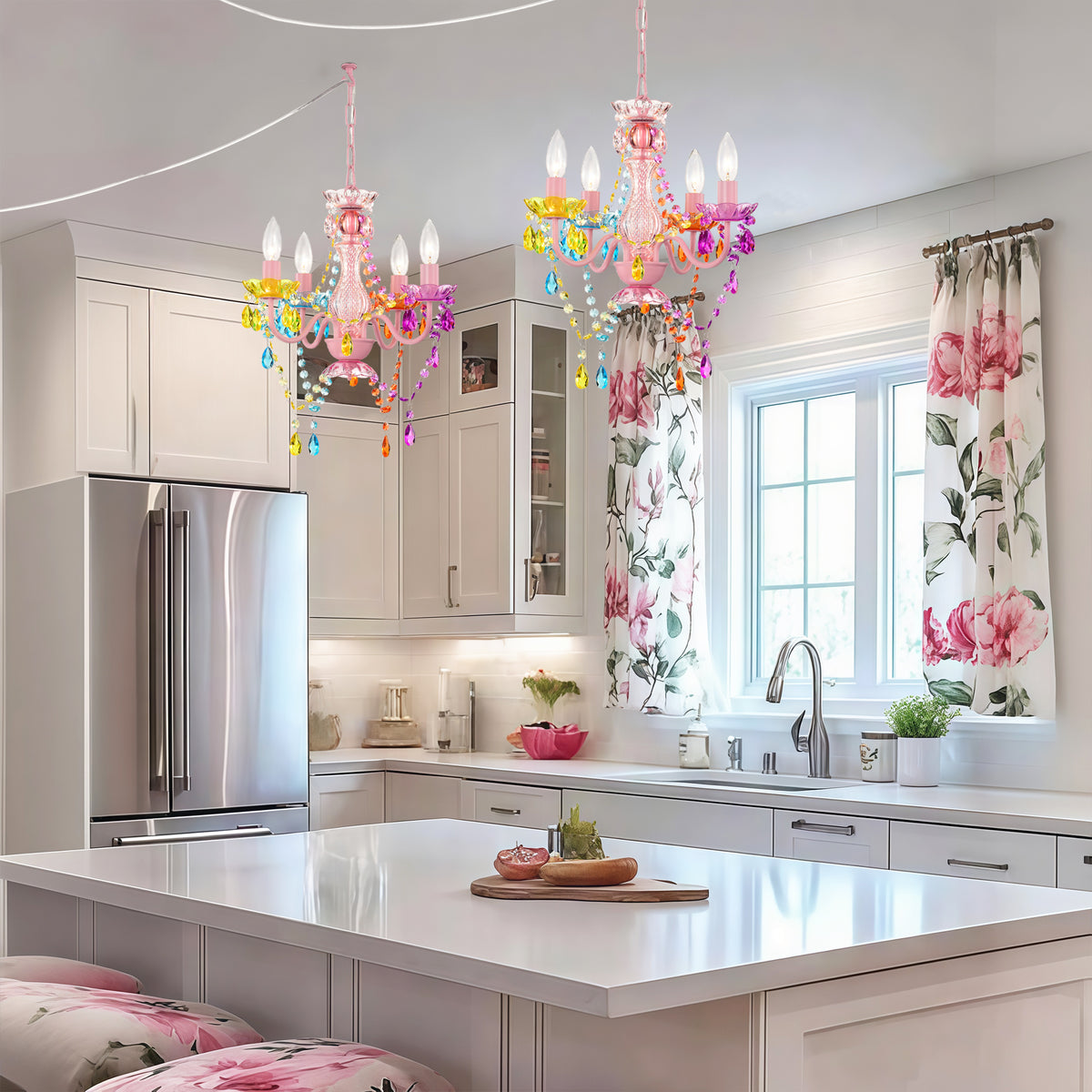 Small Plug in Chandeliers, 4-Light Multicolor Acrylic Crystal Hanging Light with 20ft Cord, Mini Chandeliers for Dining Room, Girls' Bedroom