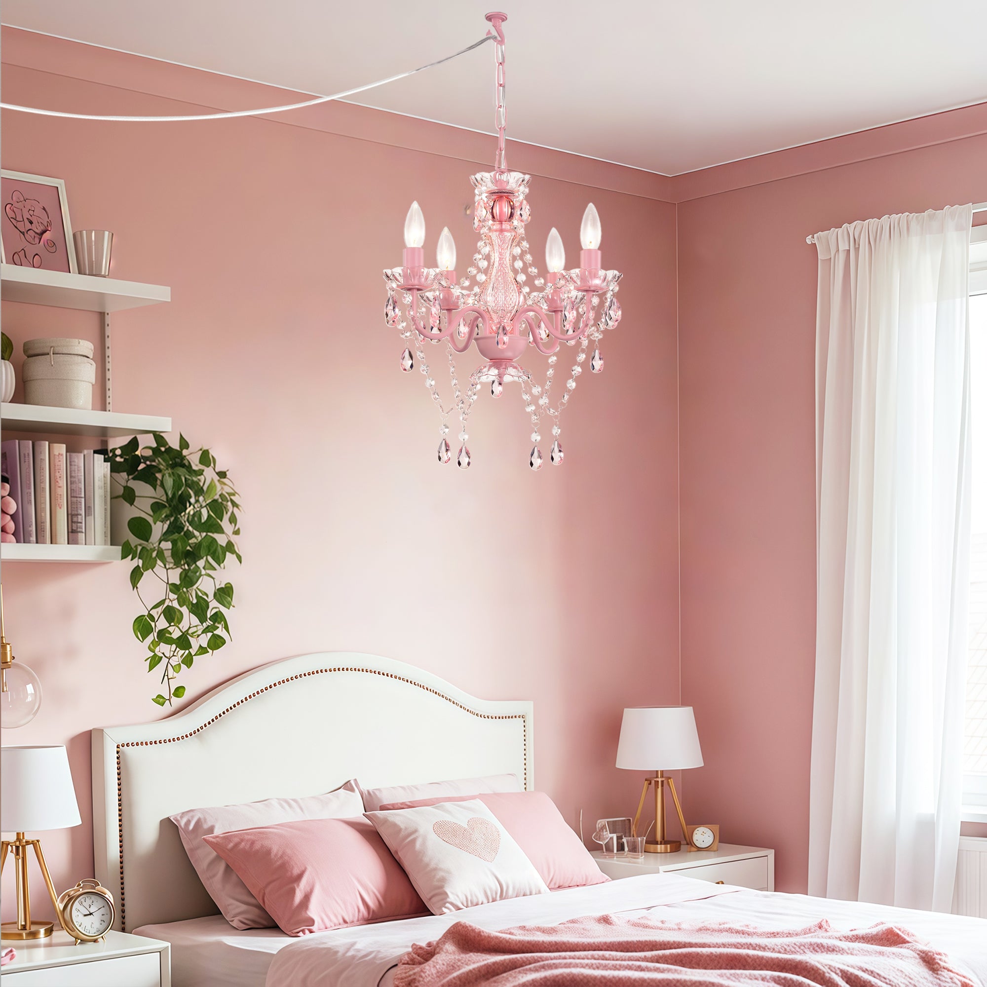 Plug in Chandelier 4-Light, Small Pink Acrylic Crystal Hanging Light with 20 ft Cord for Bedroom , Nursery