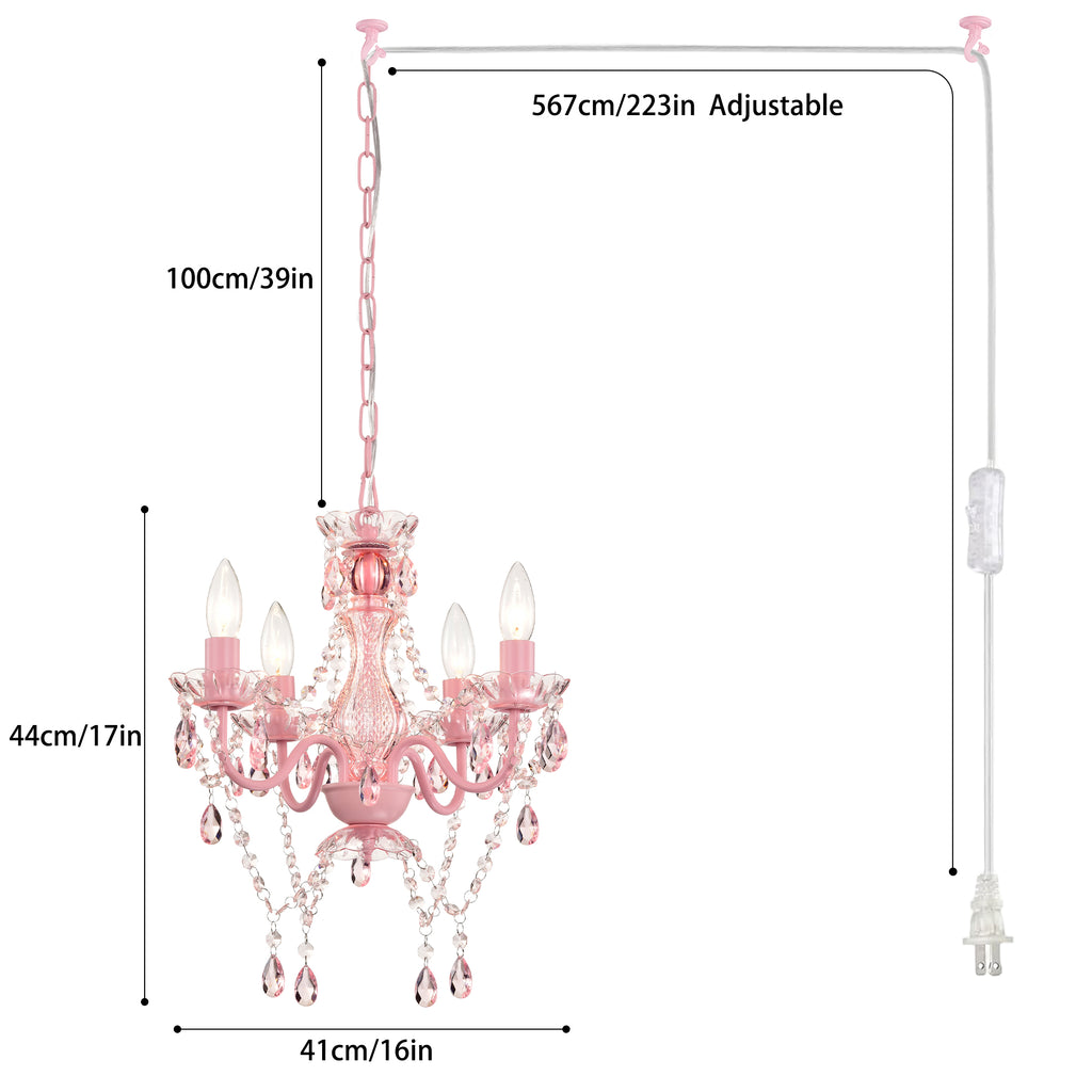 Plug in Chandelier 4-Light, Small Pink Acrylic Crystal Hanging Light with 20 ft Cord for Bedroom , Nursery