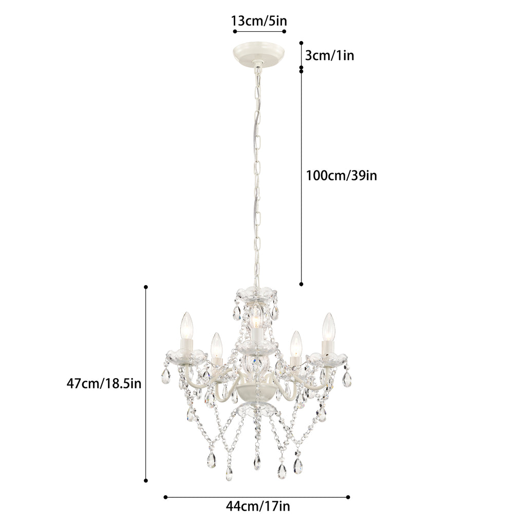 SmallCrystal Chandelier, 5-Light  White Glass Ceiling Light Fixture, E12 Base