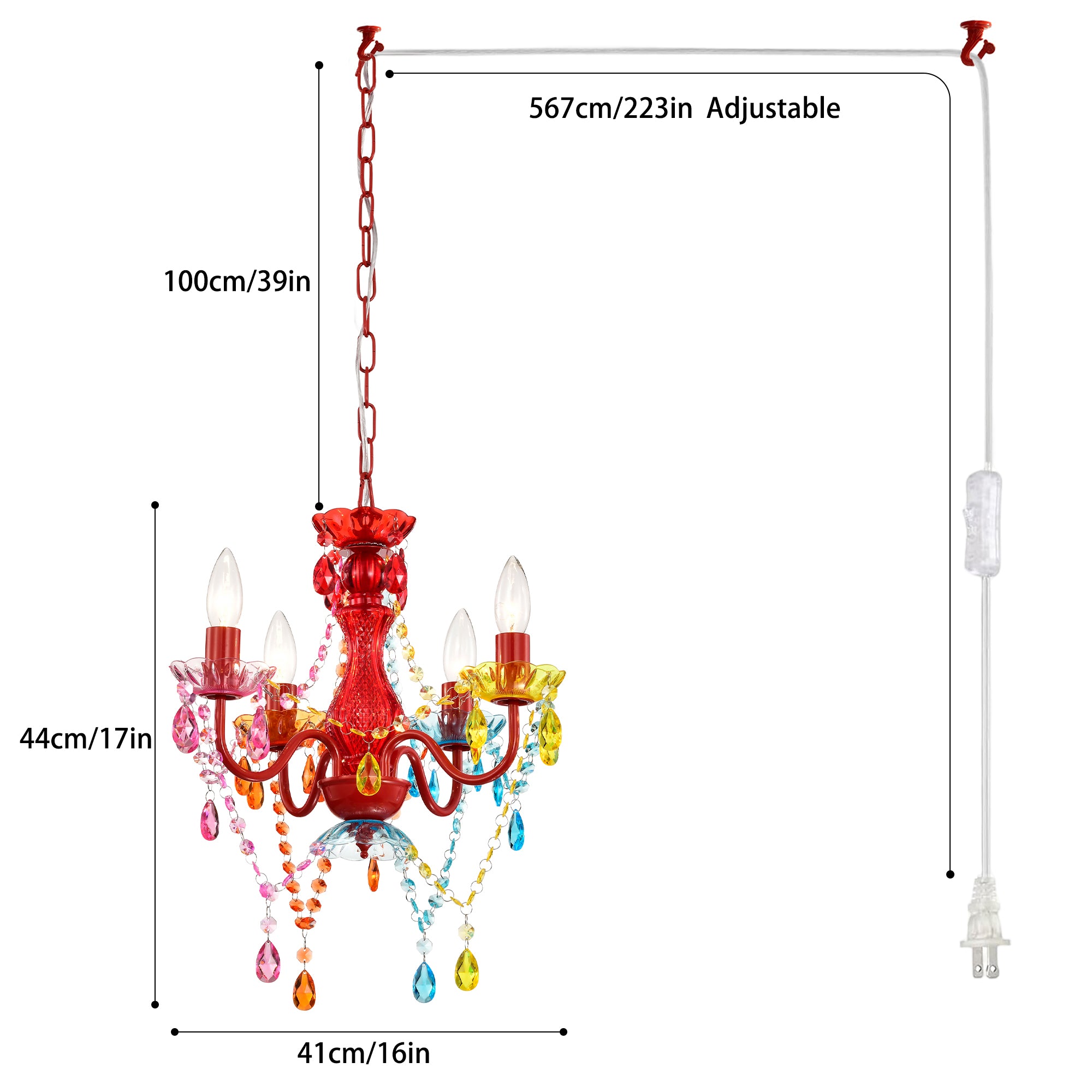 Small Plug-In Chandelier 4-Light, Colorful Acrylic Crystal Hanging Light for Kids Room, Nursery, Bedroom,E12 Base