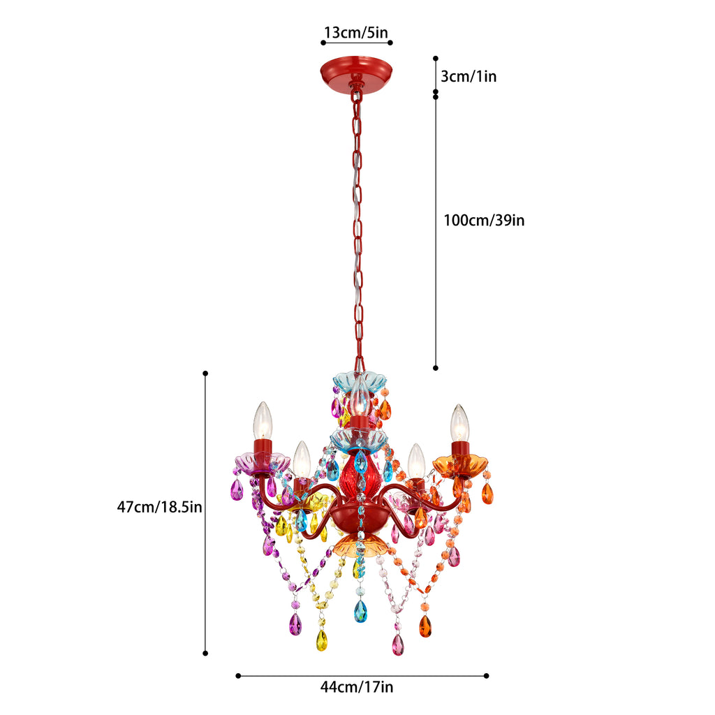 5-Light Multicolor Crystal Chandelier, Colorful Acrylic Kids Chandelier