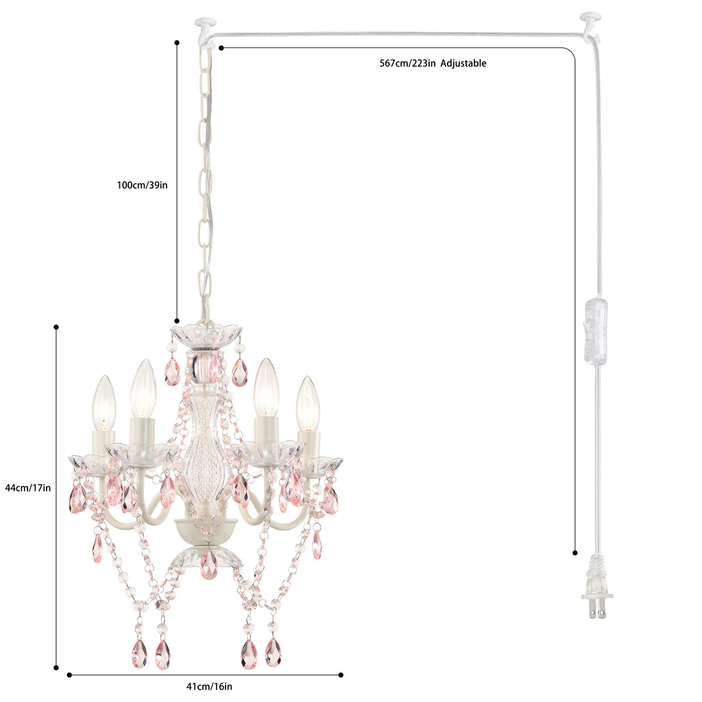 White and Pink Plug-in Crystal Chandelier – Elegant 5-Light Acrylic Ceiling Light Fixture with Long Cord for Bedroom, Nursery or Small Spaces
