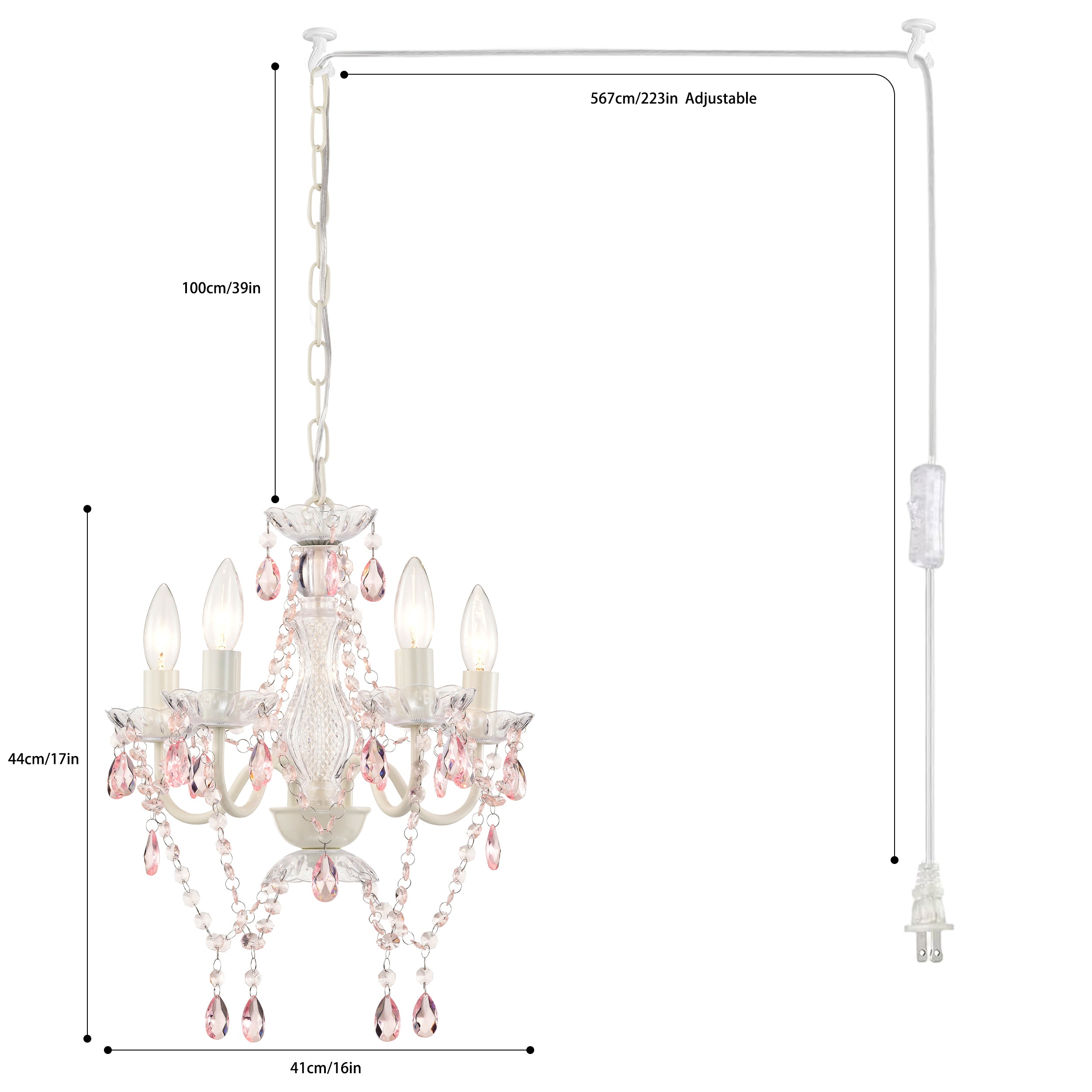 White and Pink Plug-in Crystal Chandelier – Elegant 5-Light Acrylic Ceiling Light Fixture with Long Cord for Bedroom, Nursery or Small Spaces