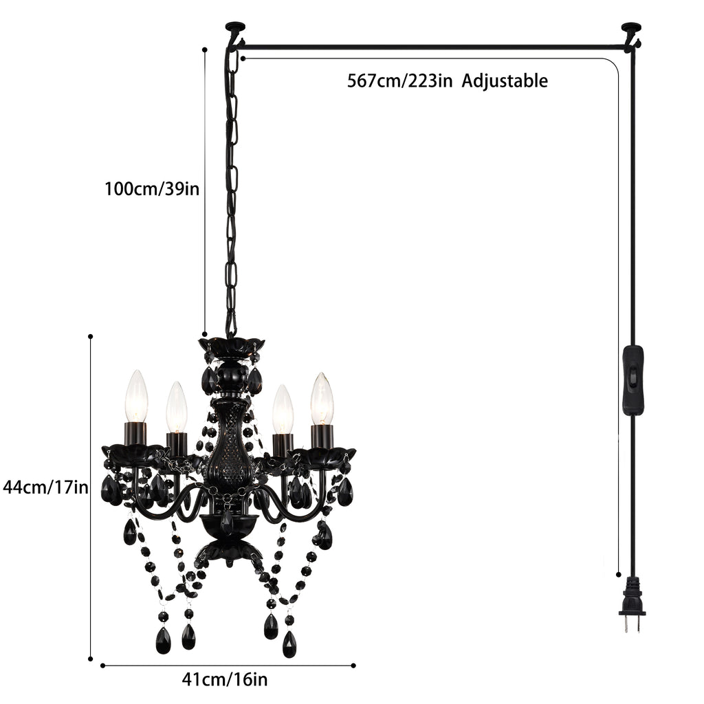 Plug in Chandelier 4-Light,Black Small Acrylic Crystal Hanging Light Fixture with 20ft cord for Bedroom Dining Room