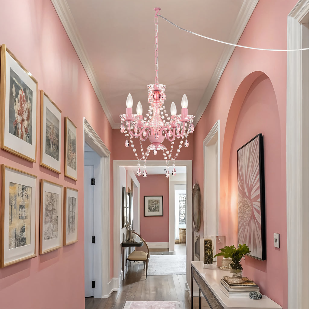 Plug in Chandelier 4-Light, Small Pink Acrylic Crystal Hanging Light with 20 ft Cord for Bedroom , Nursery