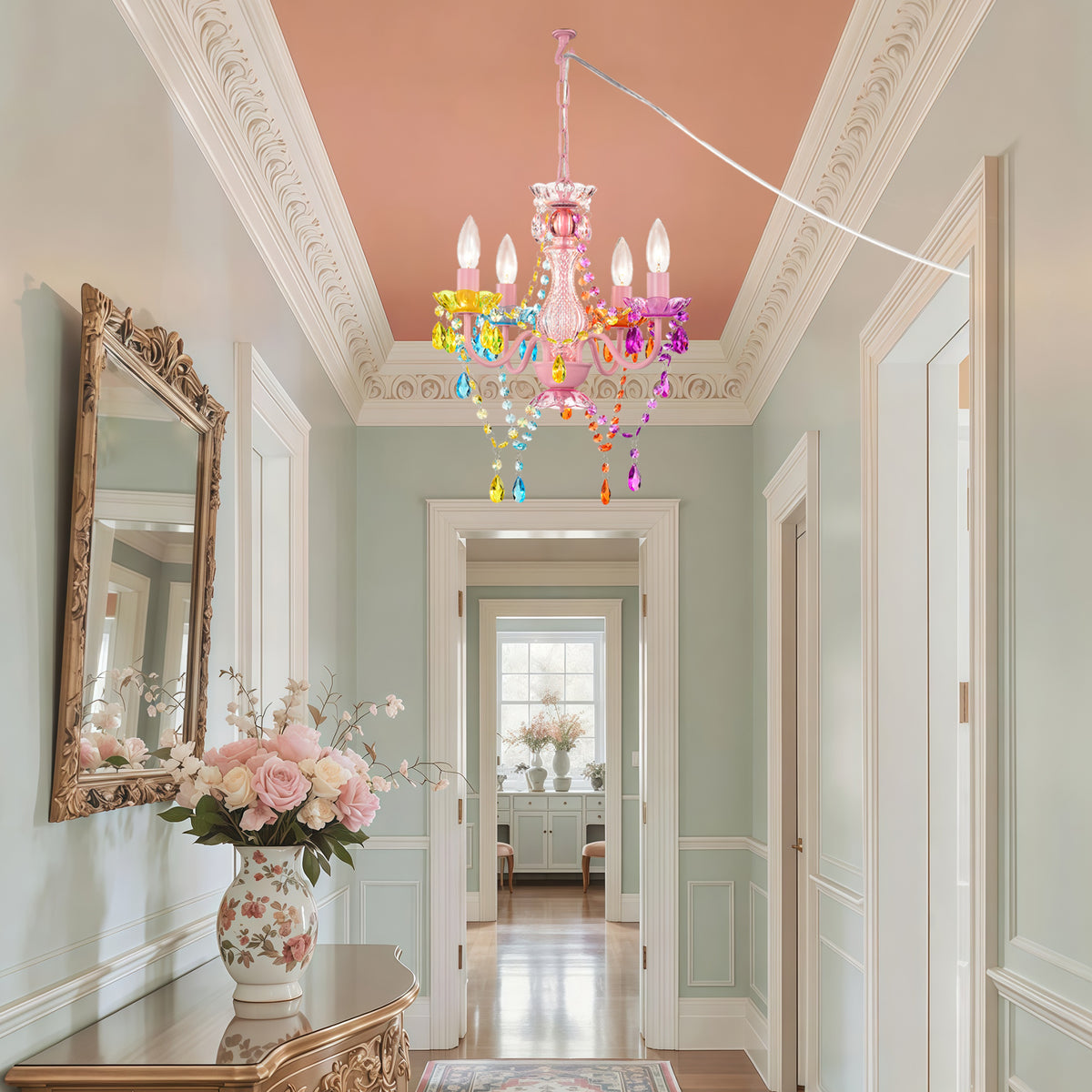 Small Plug in Chandeliers, 4-Light Multicolor Acrylic Crystal Hanging Light with 20ft Cord, Mini Chandeliers for Dining Room, Girls' Bedroom