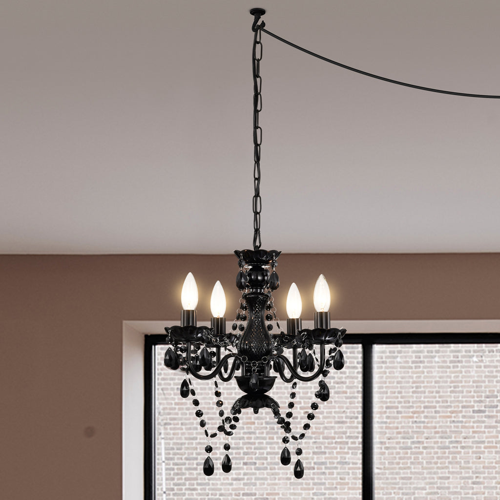Plug in Chandelier 4-Light,Black Small Acrylic Crystal Hanging Light Fixture with 20ft cord for Bedroom Dining Room