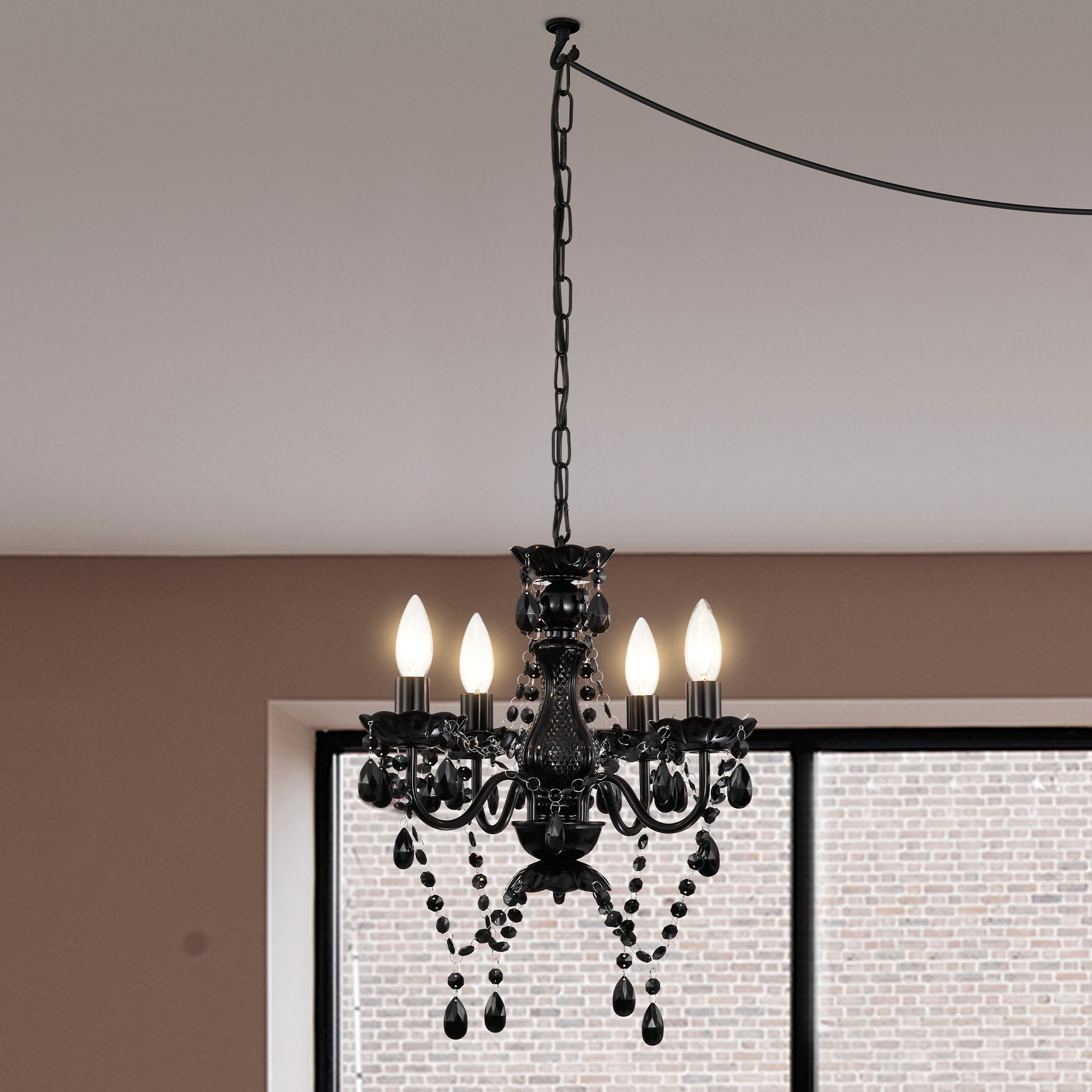 Plug in Chandelier 4-Light,Black Small Acrylic Crystal Hanging Light Fixture with 20ft cord for Bedroom Dining Room
