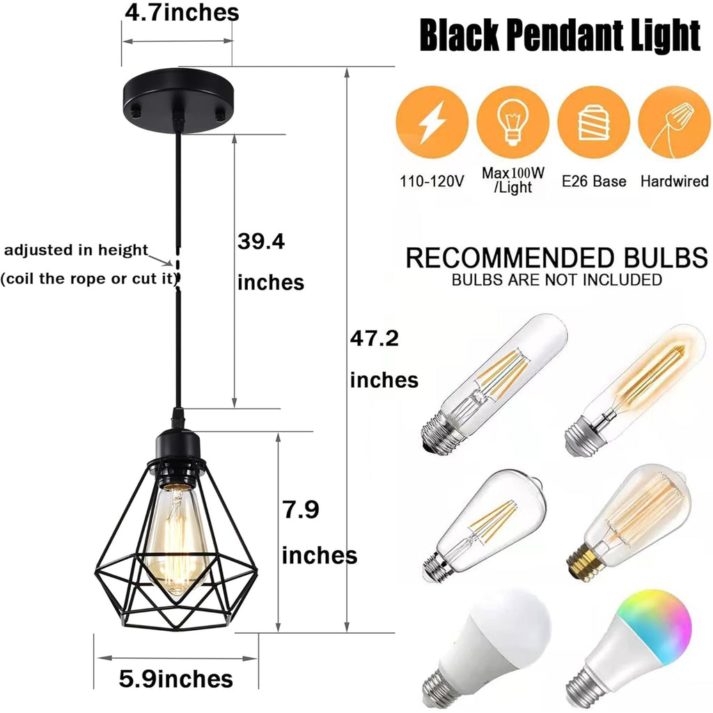 Modern Industrial Pendant Light 2 Pack Black Metal Geometric Cage E26 Hardwired Hanging Ceiling Light for Kitchen Island