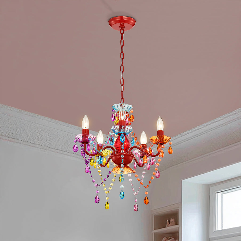 5-Light Multicolor Crystal Chandelier, Colorful Acrylic Kids Chandelier
