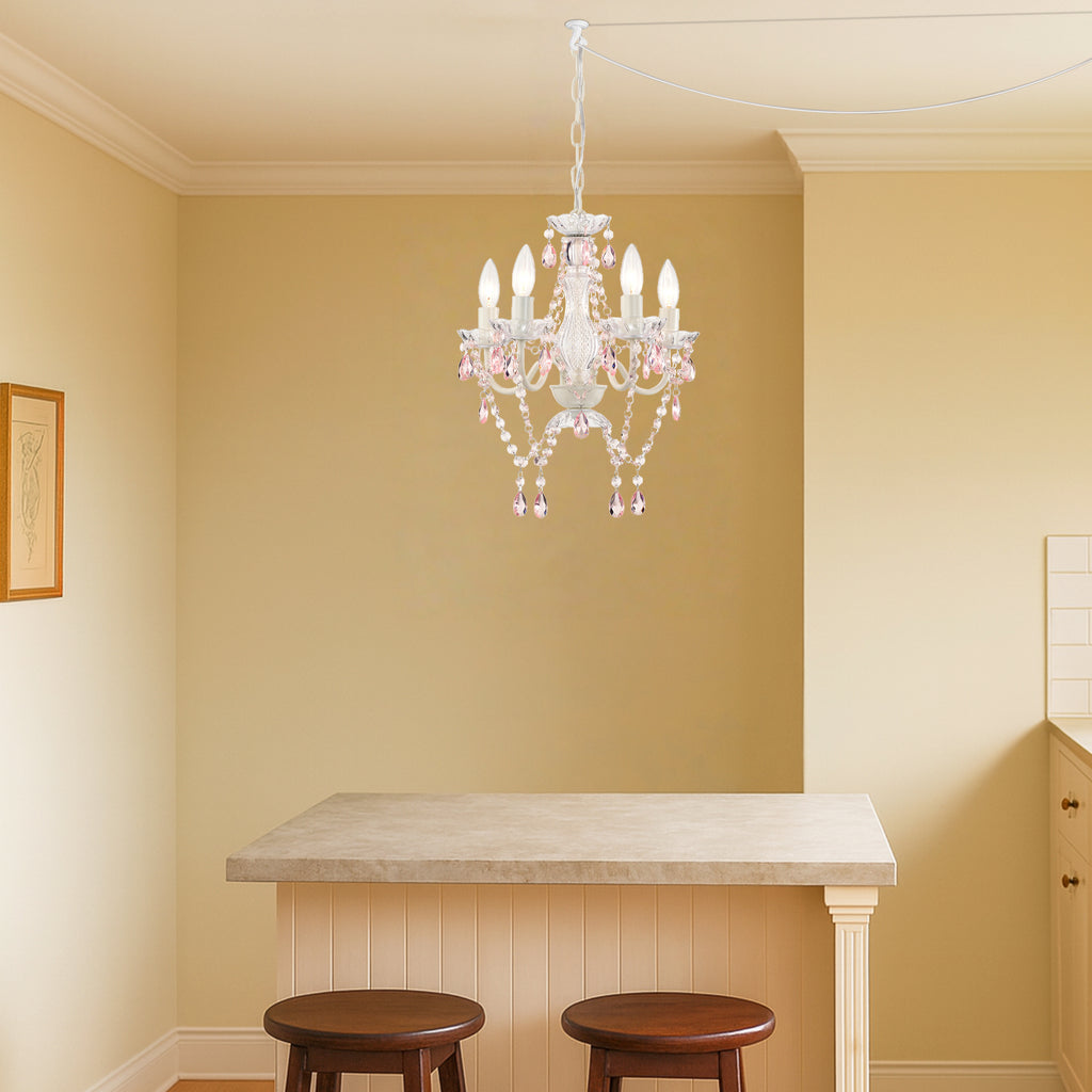 White and Pink Plug-in Crystal Chandelier – Elegant 5-Light Acrylic Ceiling Light Fixture with Long Cord for Bedroom, Nursery or Small Spaces