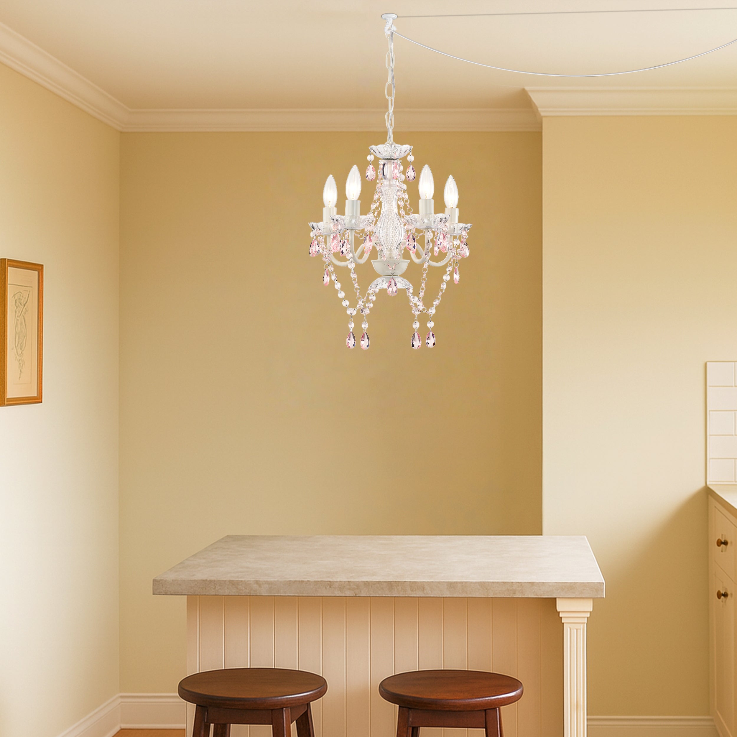 White and Pink Plug-in Crystal Chandelier – Elegant 5-Light Acrylic Ceiling Light Fixture with Long Cord for Bedroom, Nursery or Small Spaces