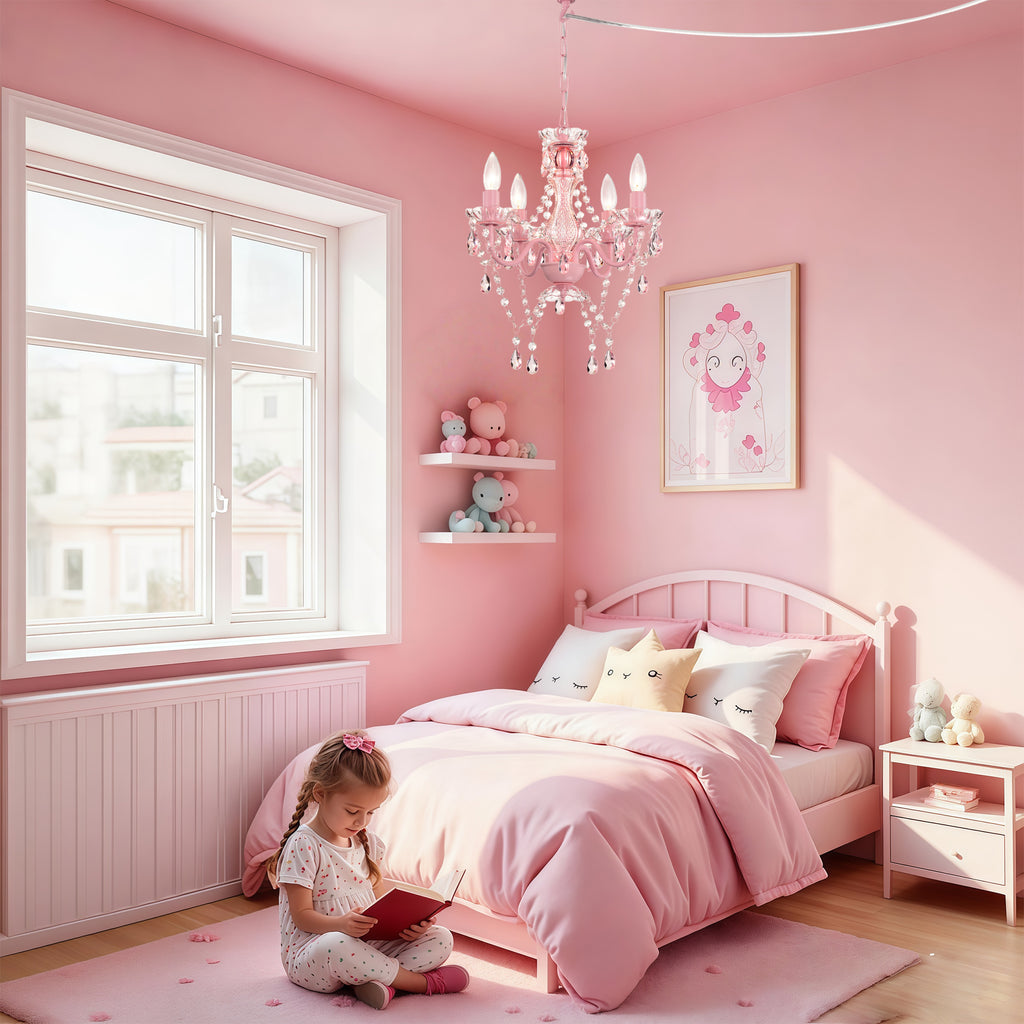 Plug in Chandelier 4-Light, Small Pink Acrylic Crystal Hanging Light with 20 ft Cord for Bedroom , Nursery